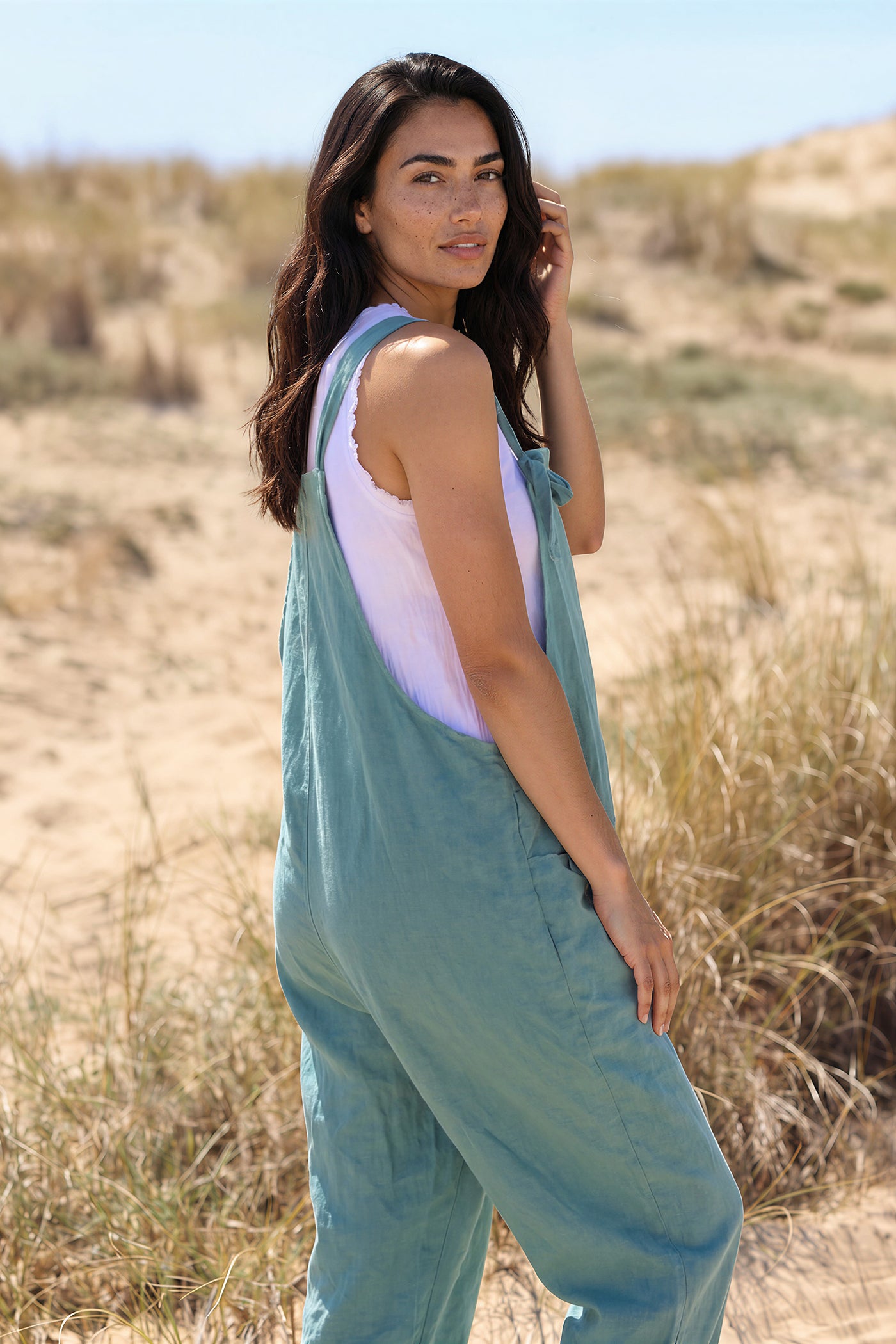 Celadon Green Cotton and Linen Flowing Overalls