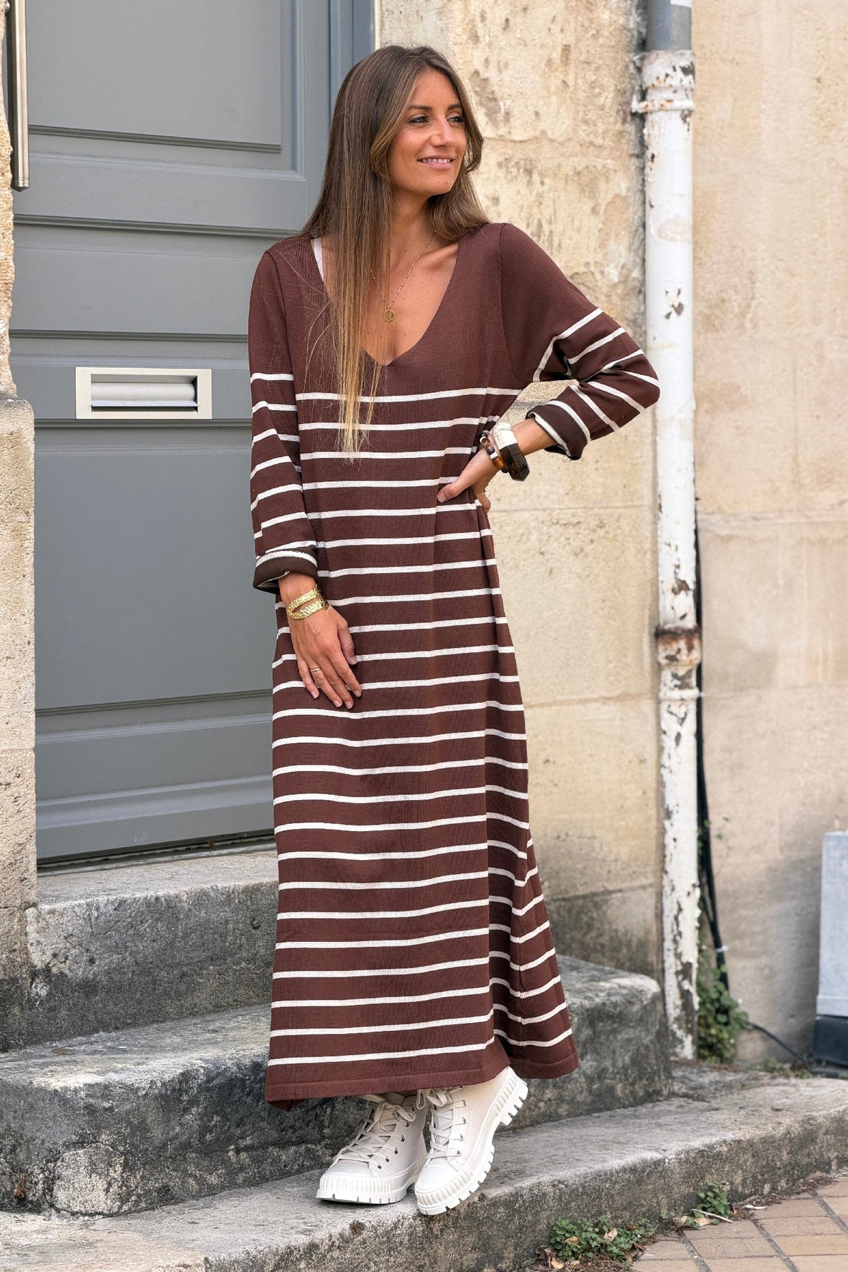 Chocolate Stripe Knit Maxi Dress