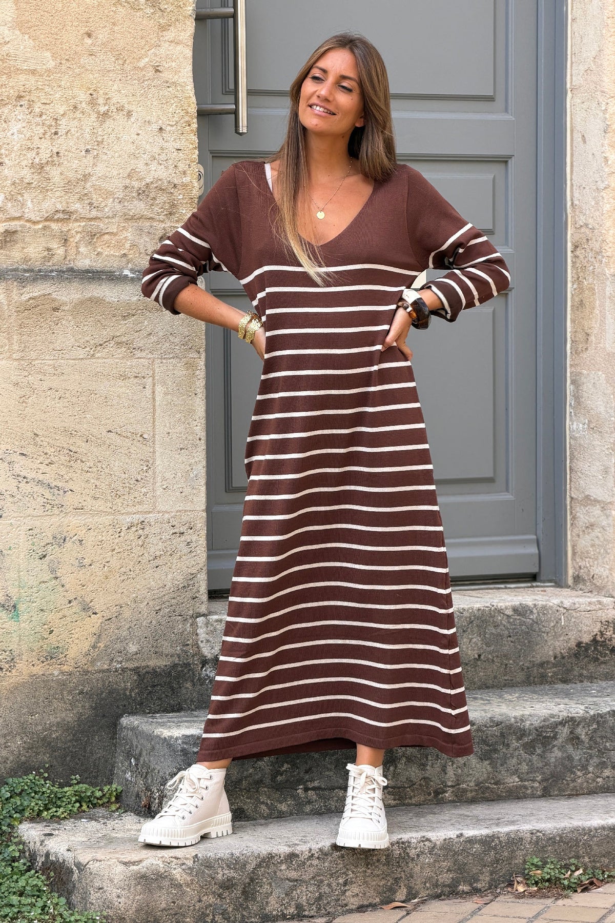 Chocolate Stripe Knit Maxi Dress