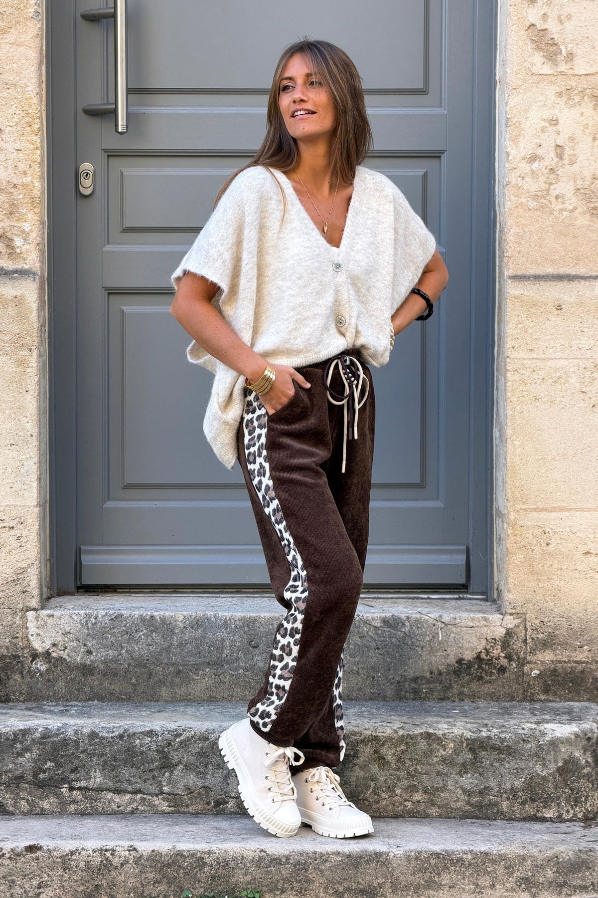 Chocolate Velour Lounge Pants with Leopard Racing Stripe