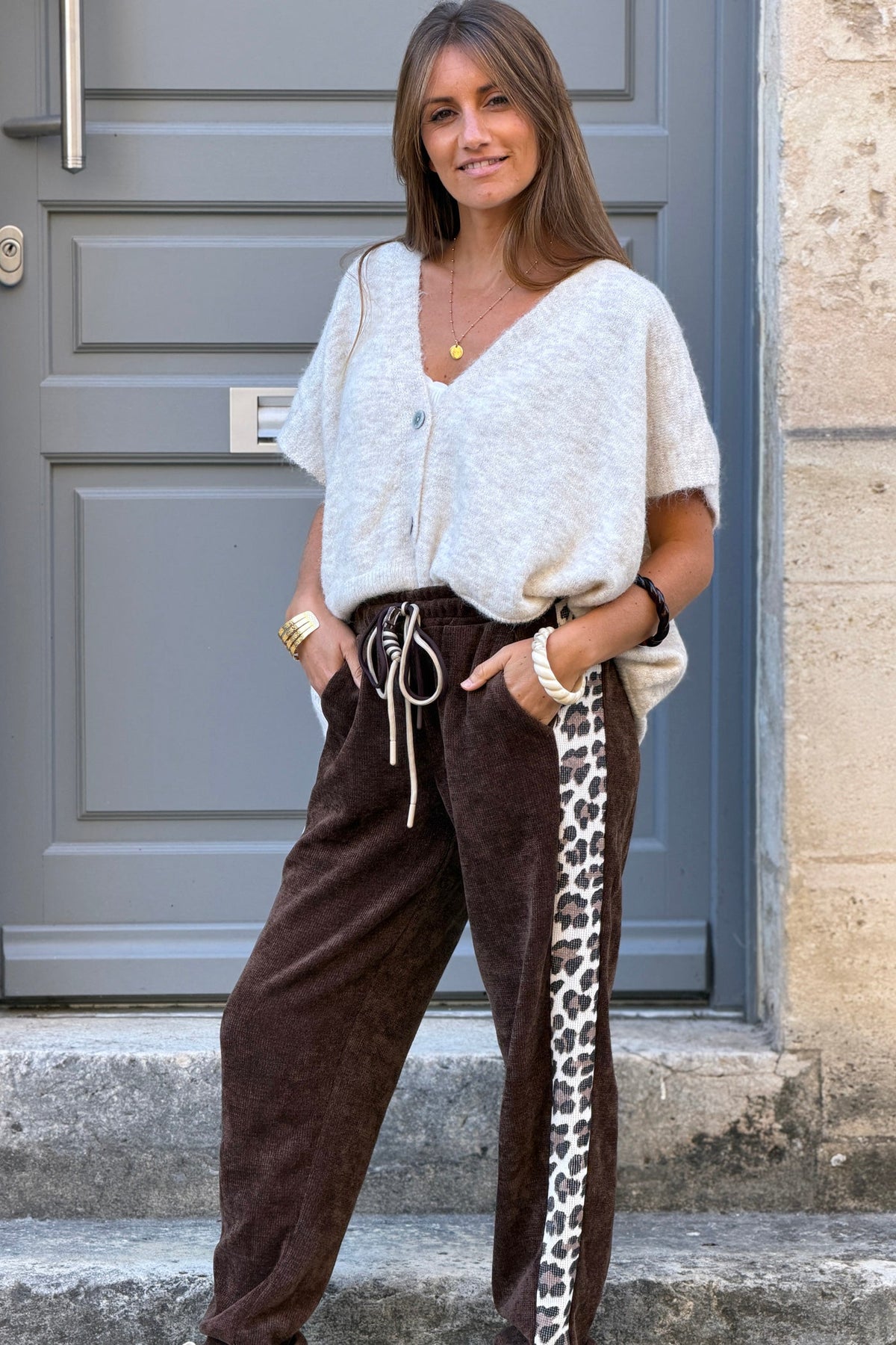 Chocolate Velour Lounge Pants with Leopard Racing Stripe