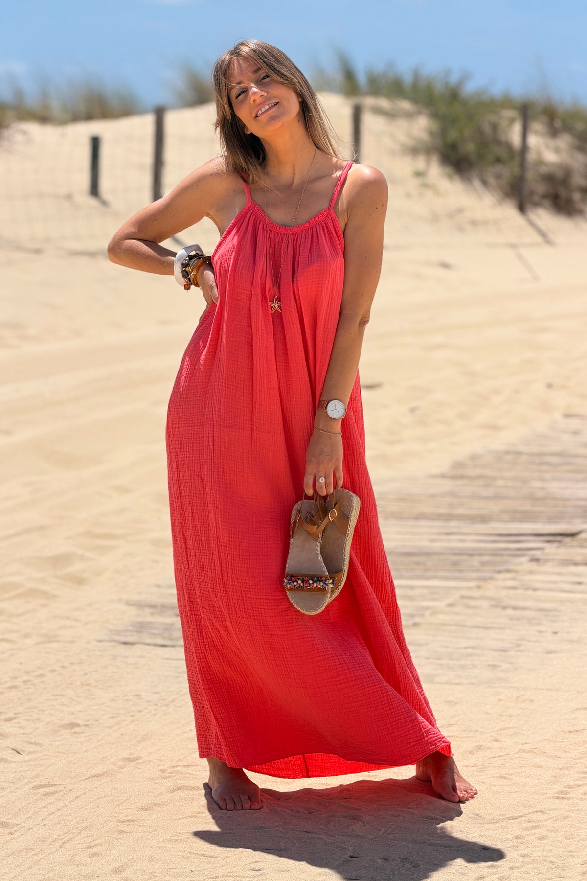 Coral Pink Crinkle Gauze Maxi Dress