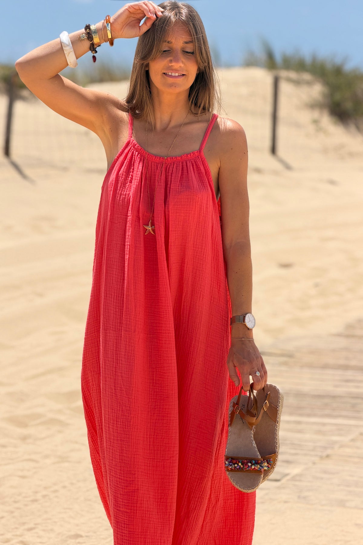 Coral Pink Crinkle Gauze Maxi Dress