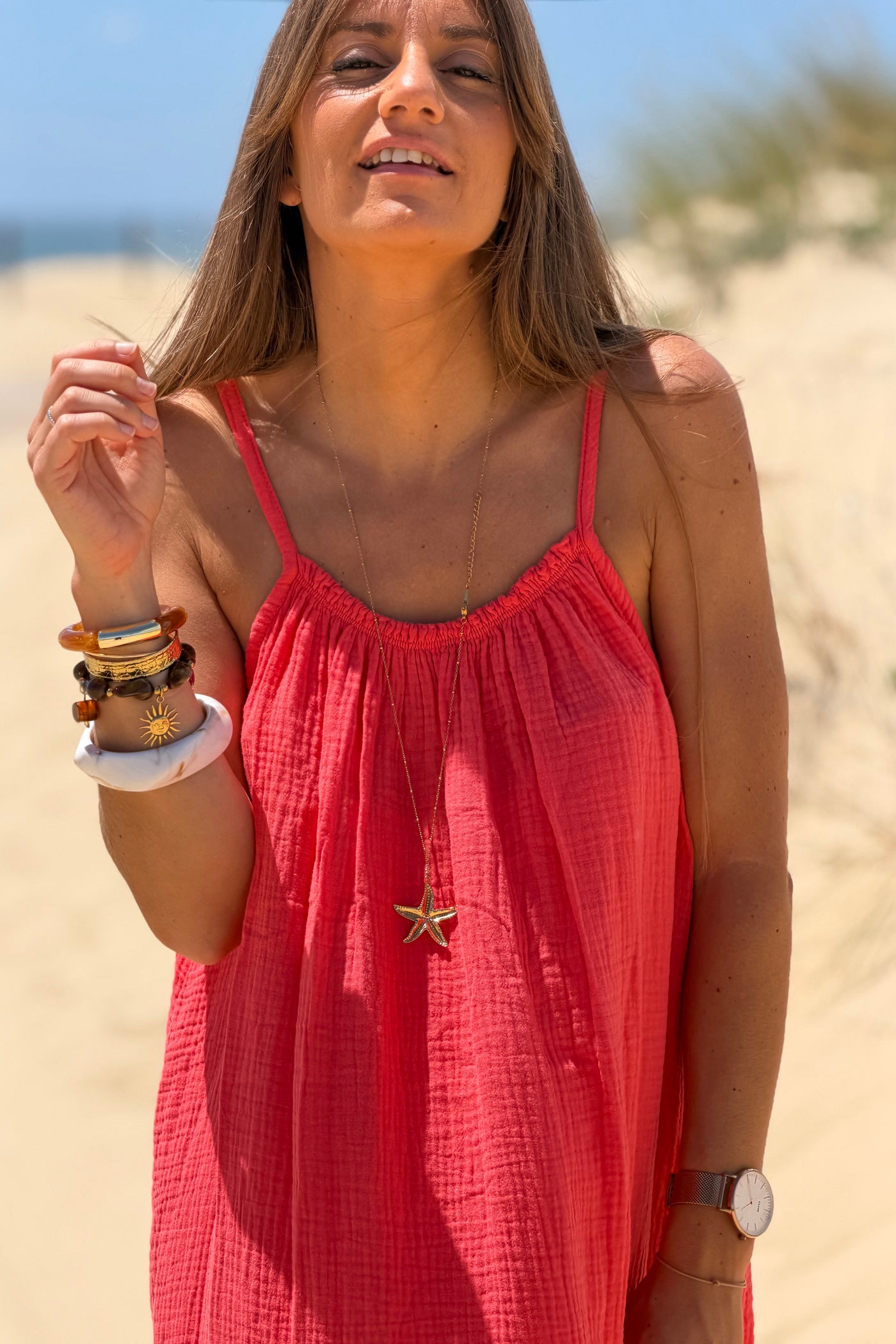 Coral Pink Crinkle Gauze Maxi Dress
