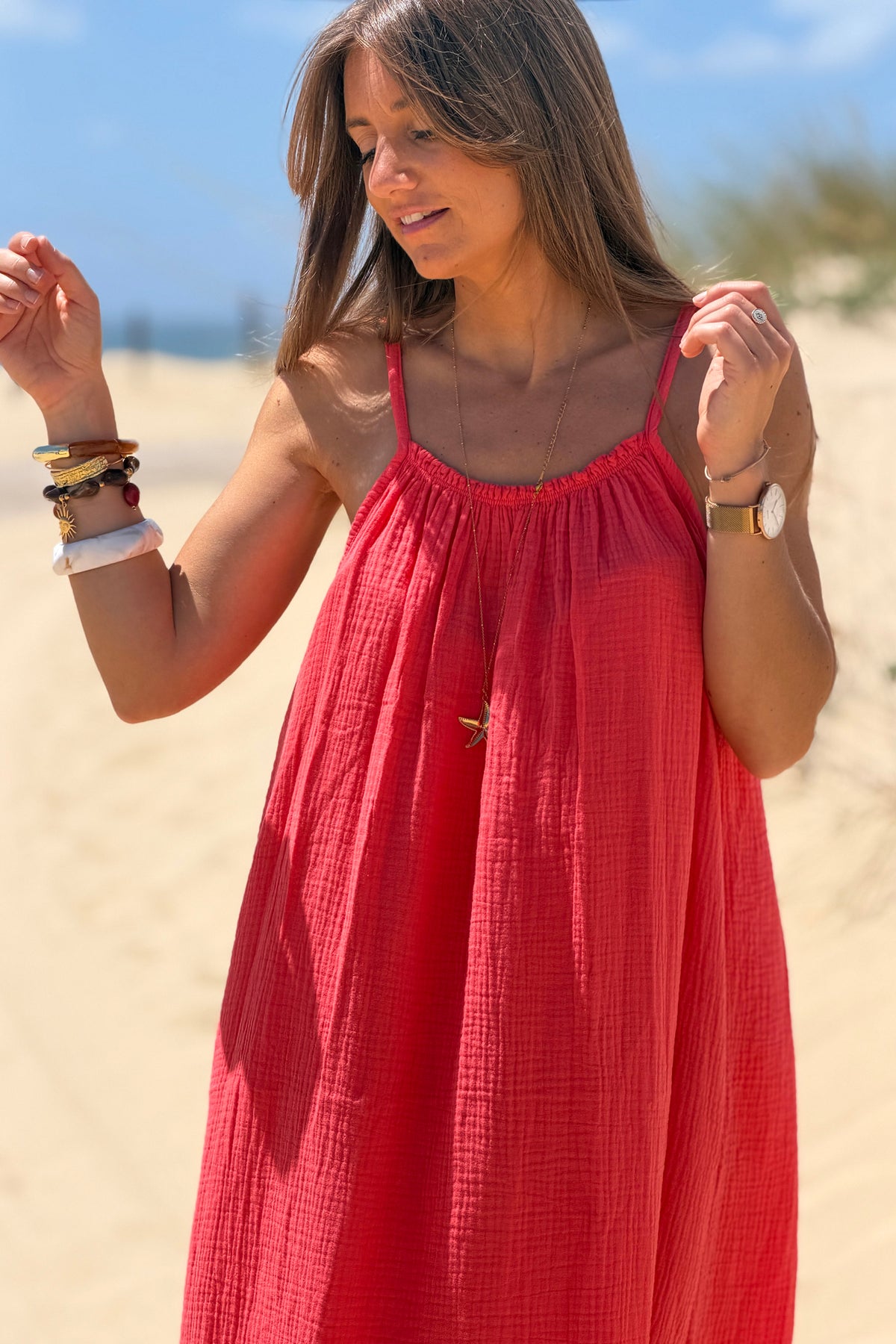 Coral Pink Crinkle Gauze Maxi Dress