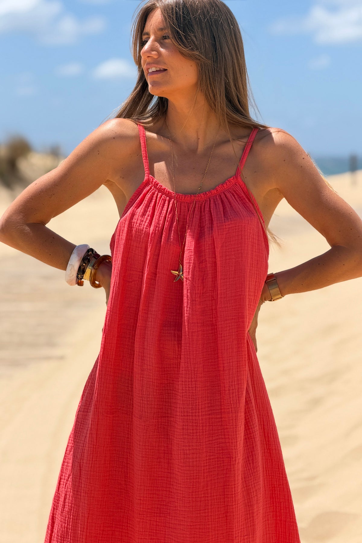 Coral Pink Crinkle Gauze Maxi Dress
