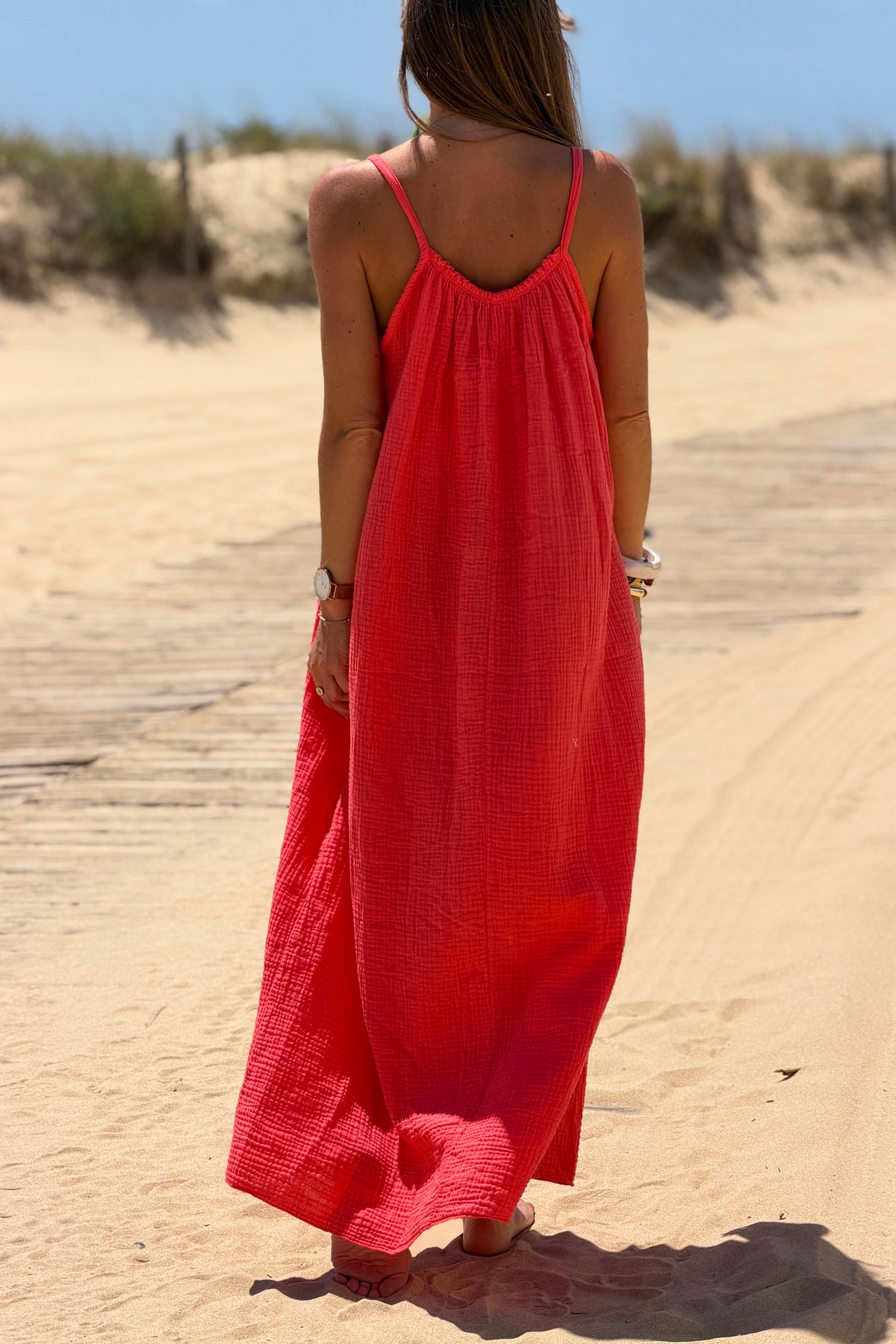 Coral Pink Crinkle Gauze Maxi Dress