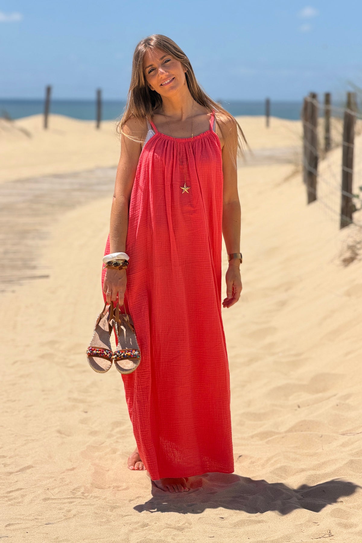 Coral Pink Crinkle Gauze Maxi Dress