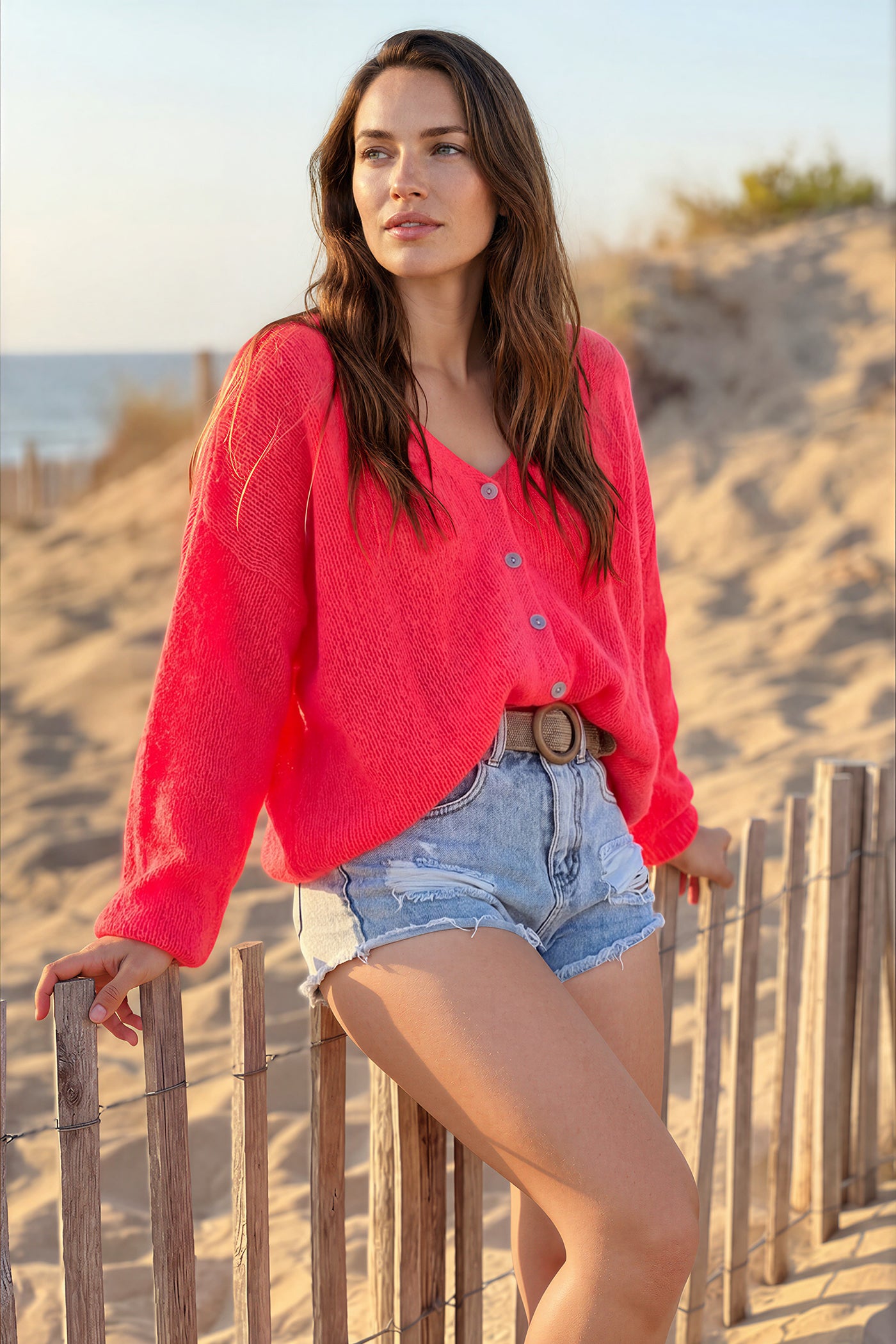 Coral Mother of Pearl Button through V-Neck Cardigan