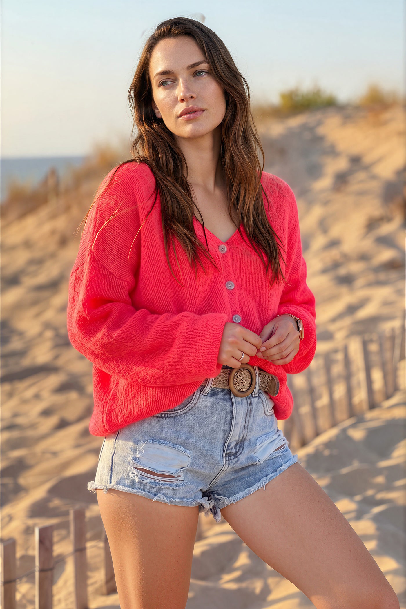 Coral Mother of Pearl Button through V-Neck Cardigan