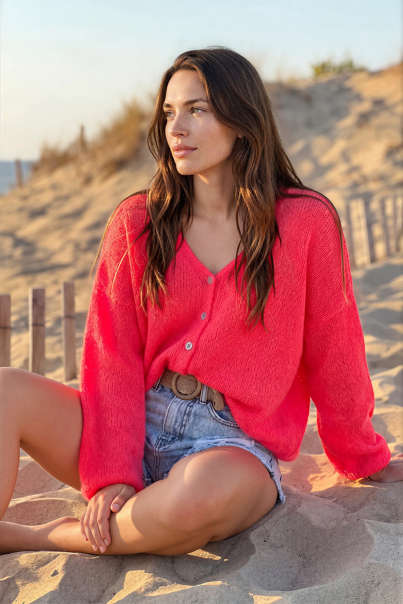 Coral Mother of Pearl Button through V-Neck Cardigan