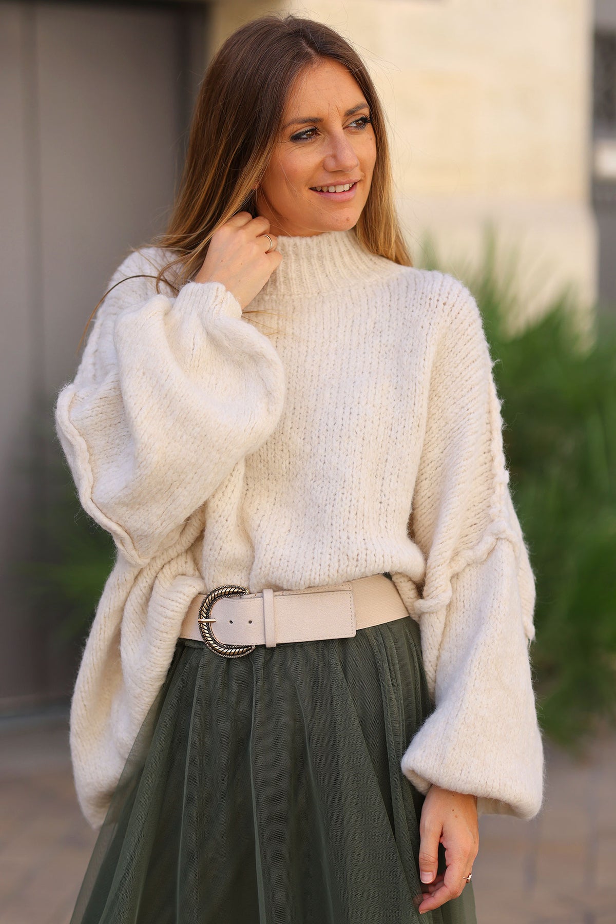 Cream Chunky Knit Sweater Oversized and Funnel Neck