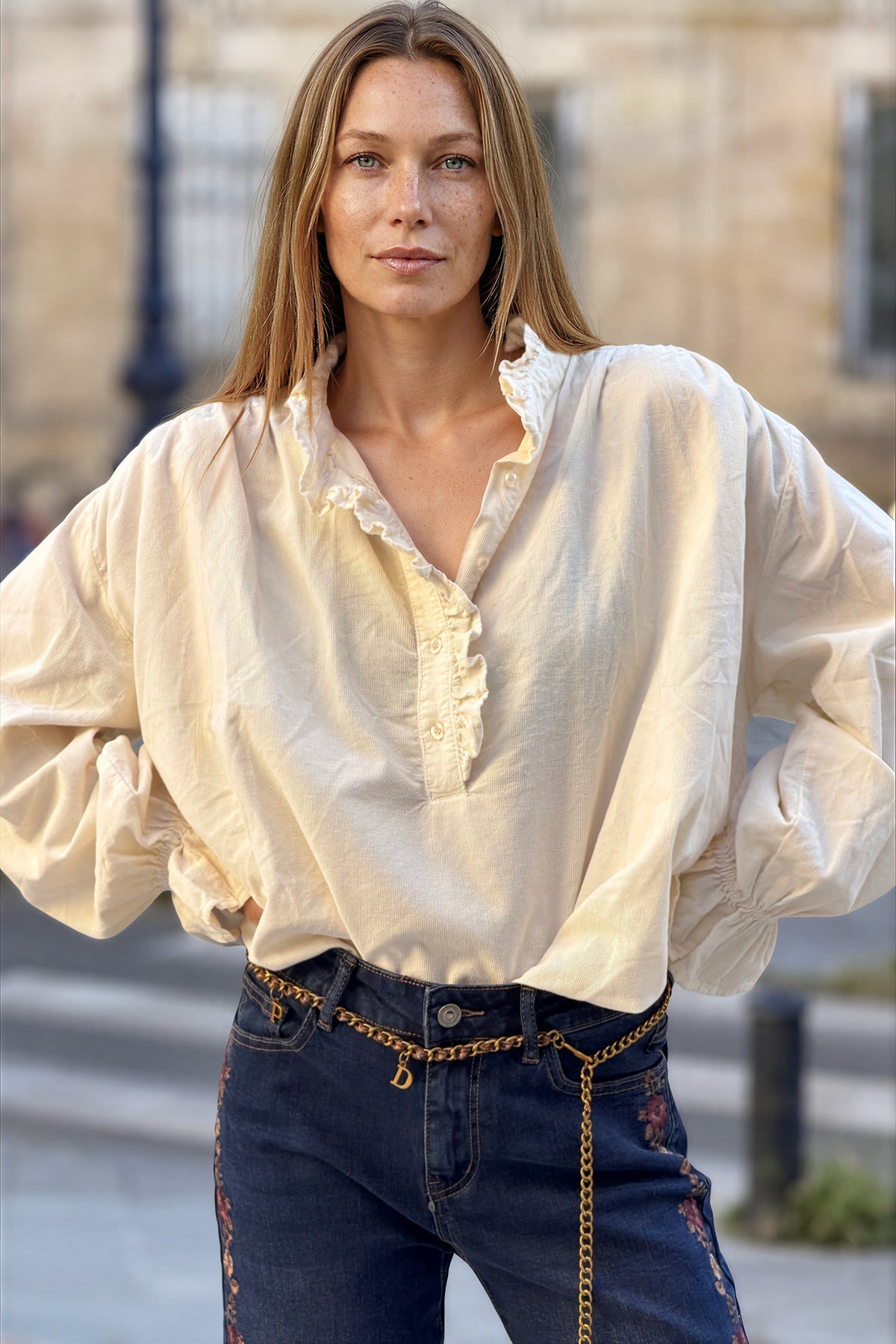 Cream Corduroy Ruffle Neck Peasant Blouse