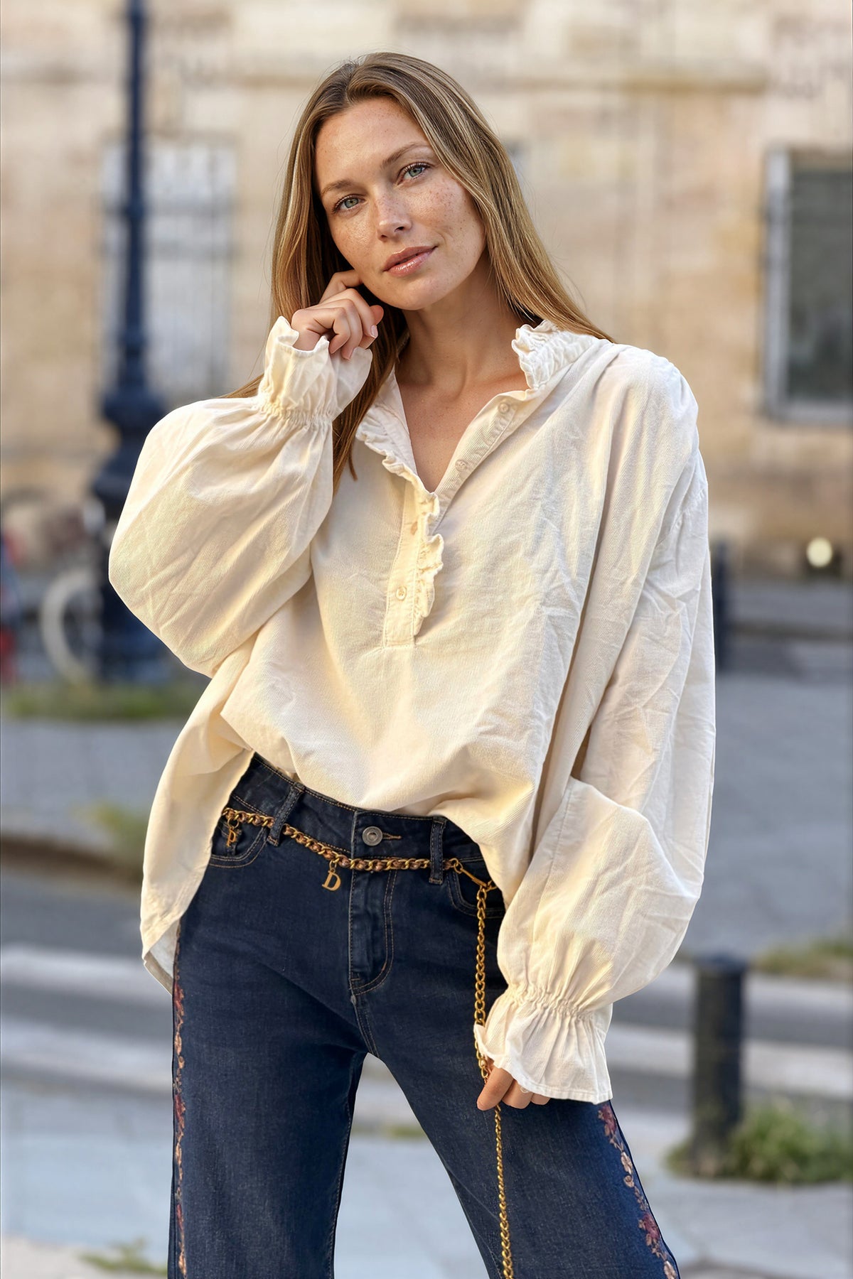 Cream Corduroy Ruffle Neck Peasant Blouse