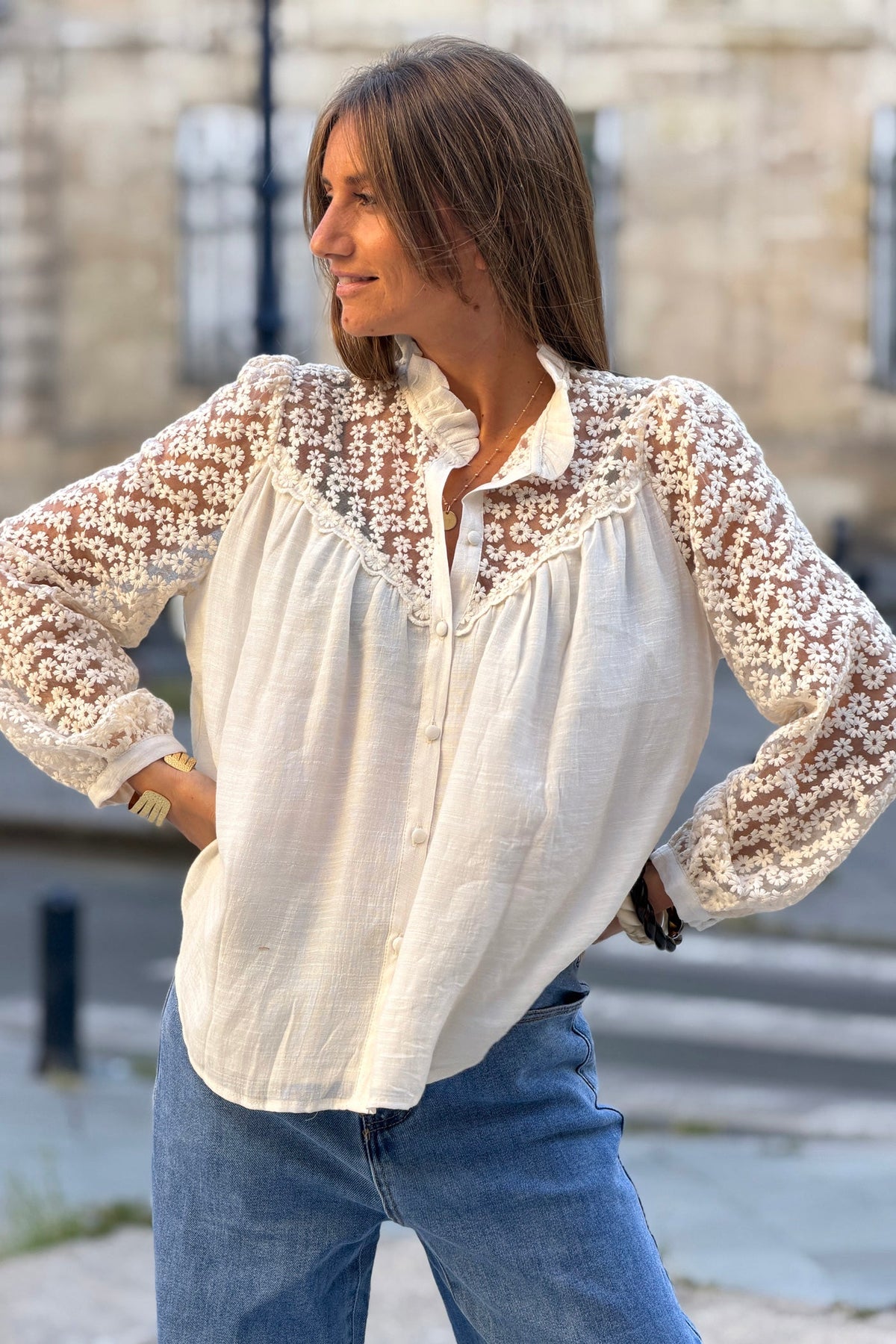 Cream Daisy Illusion Embroidered Gauze Blouse