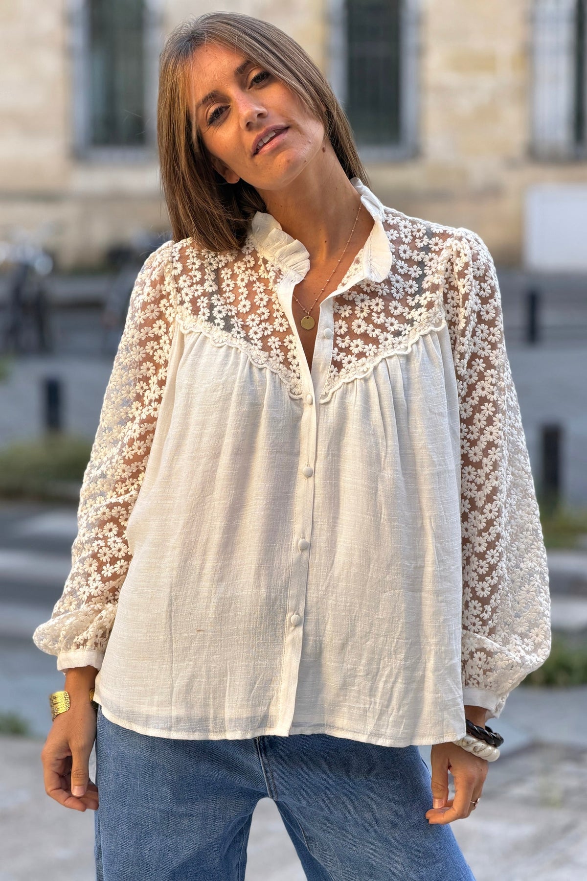 Cream Daisy Illusion Embroidered Gauze Blouse