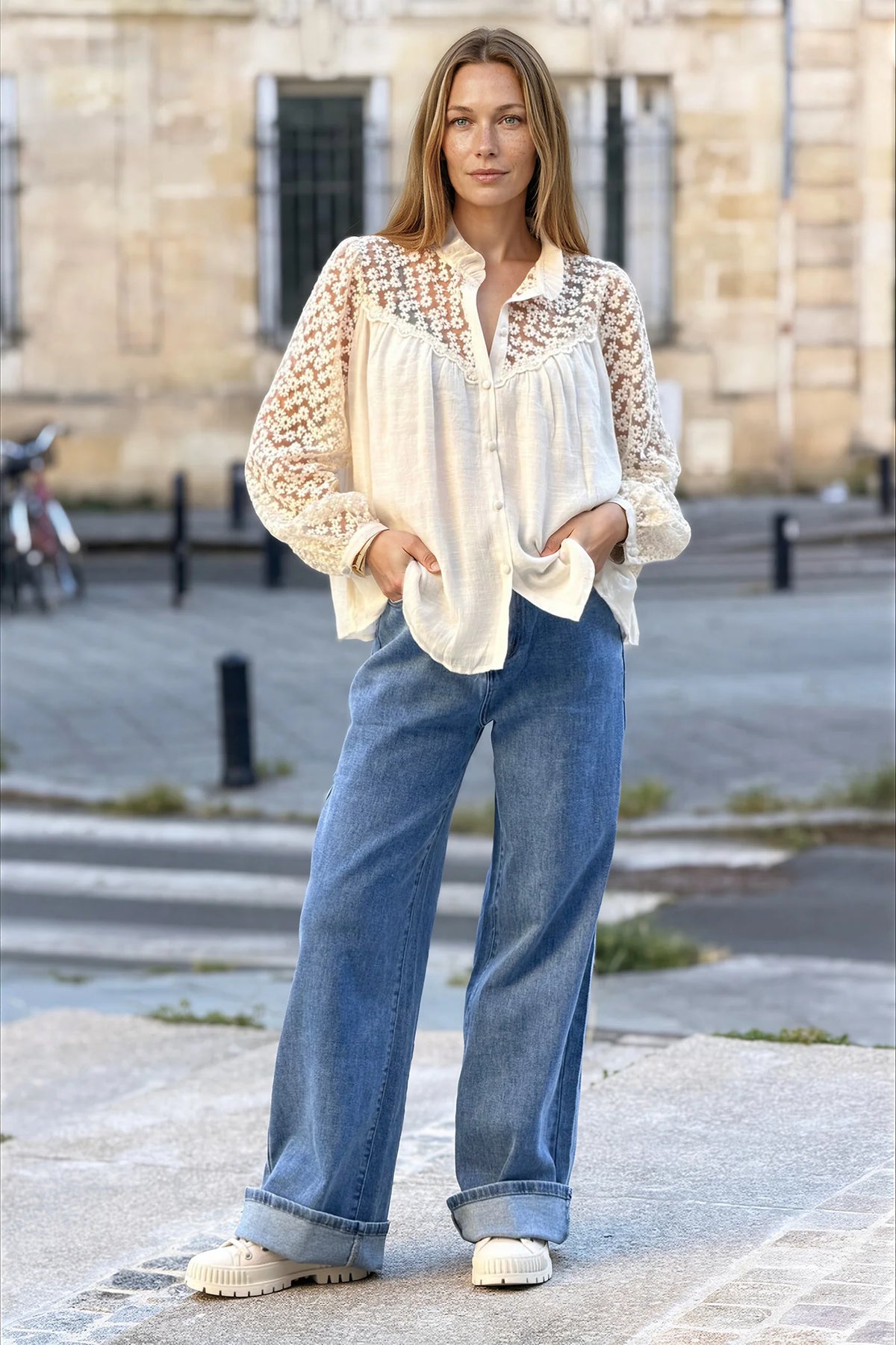 Cream Daisy Illusion Embroidered Gauze Blouse