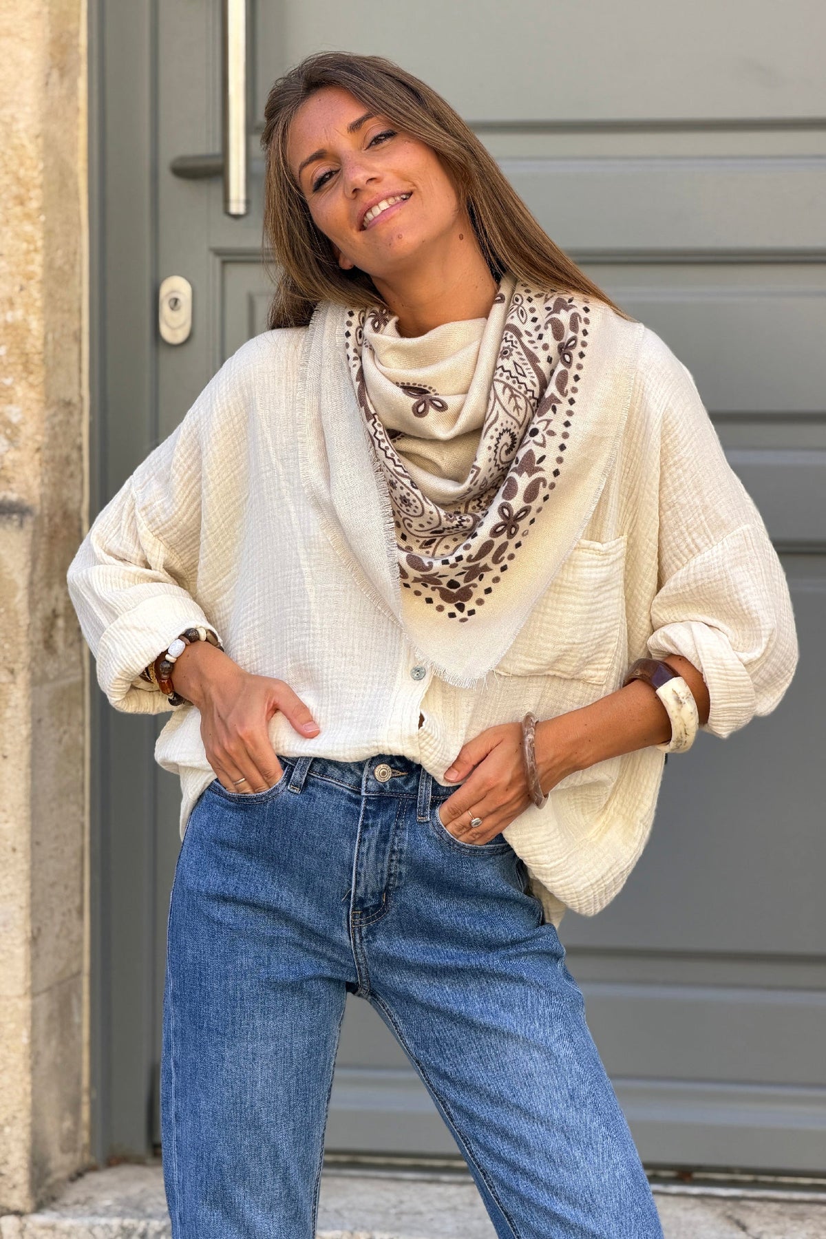 Cream Western Paisley Viscose Scarf