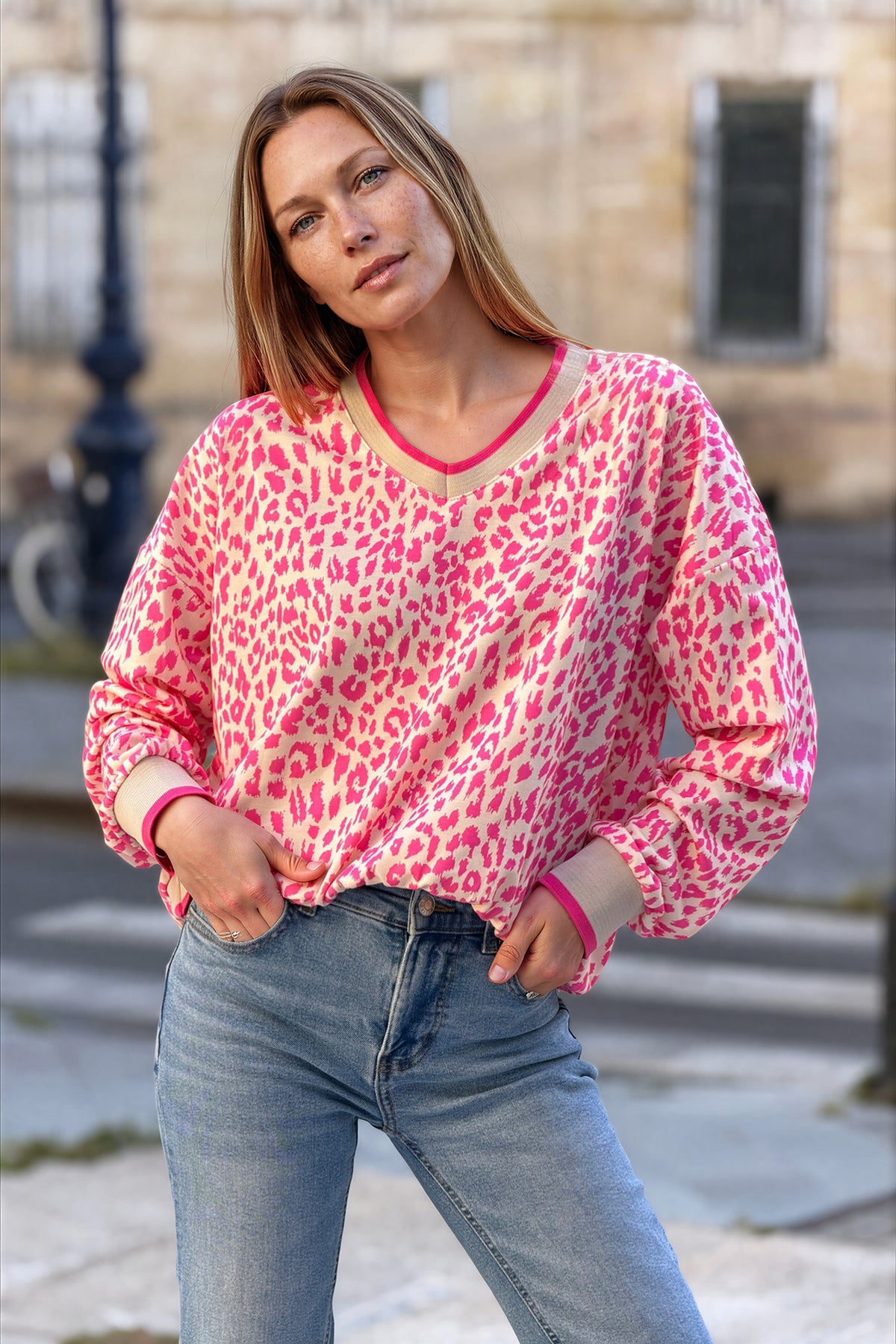 Cream and Pink Leopard Print Sweater