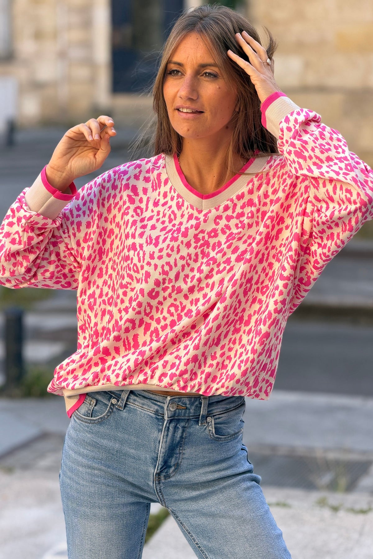 Cream and Pink Leopard Print Sweater