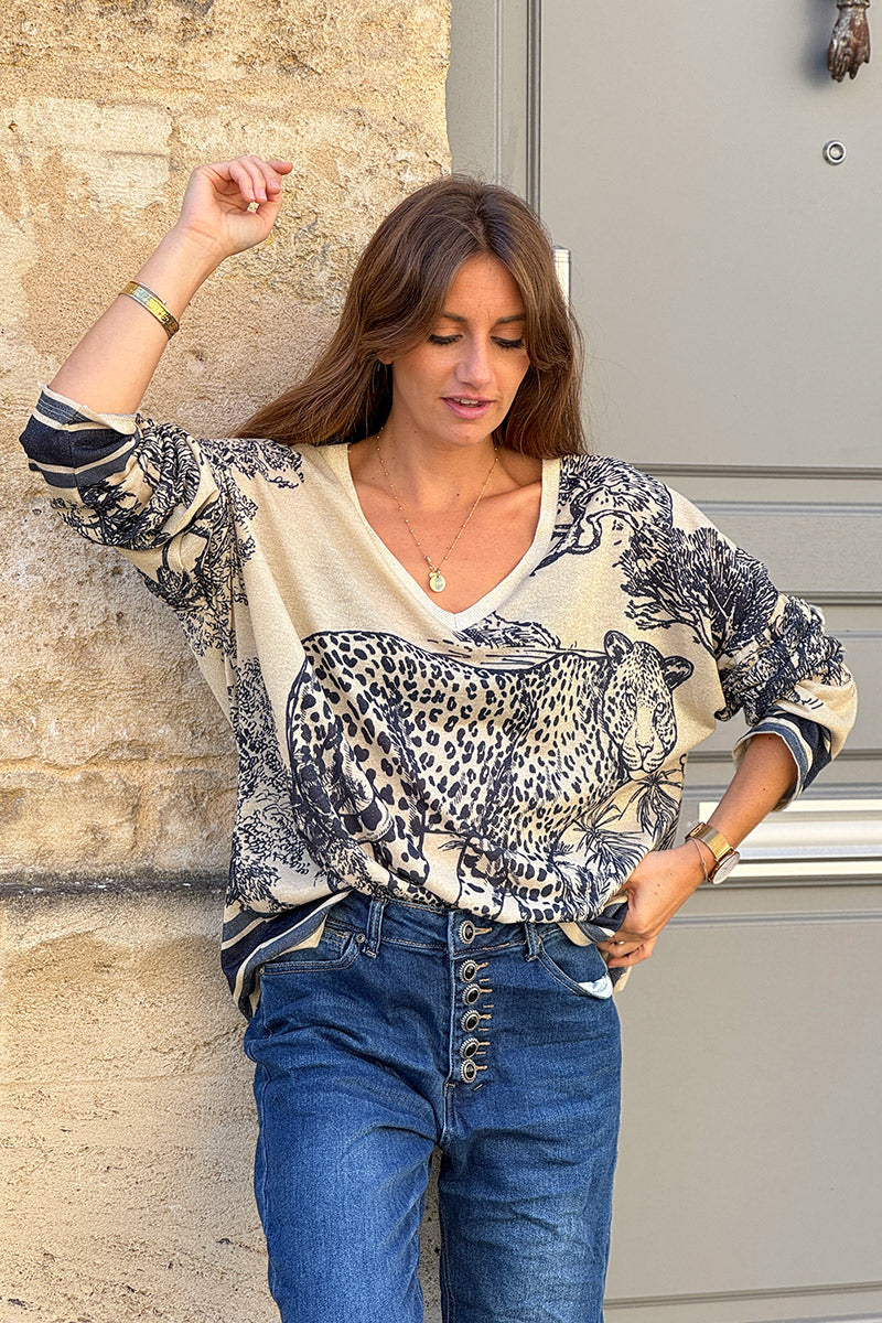 Cream sweater with Navy blue Leopard Pastoral Print Long-Sleeve Knit Top