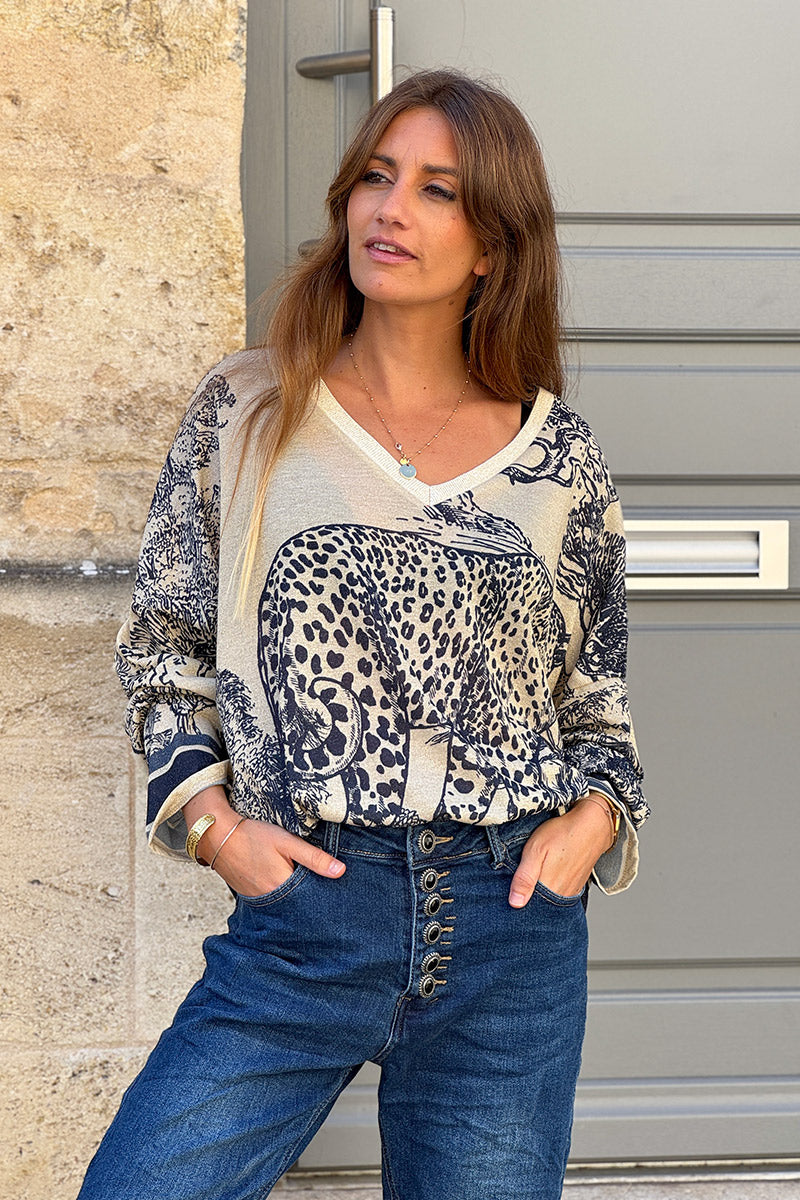 Cream sweater with Navy blue Leopard Pastoral Print Long-Sleeve Knit Top