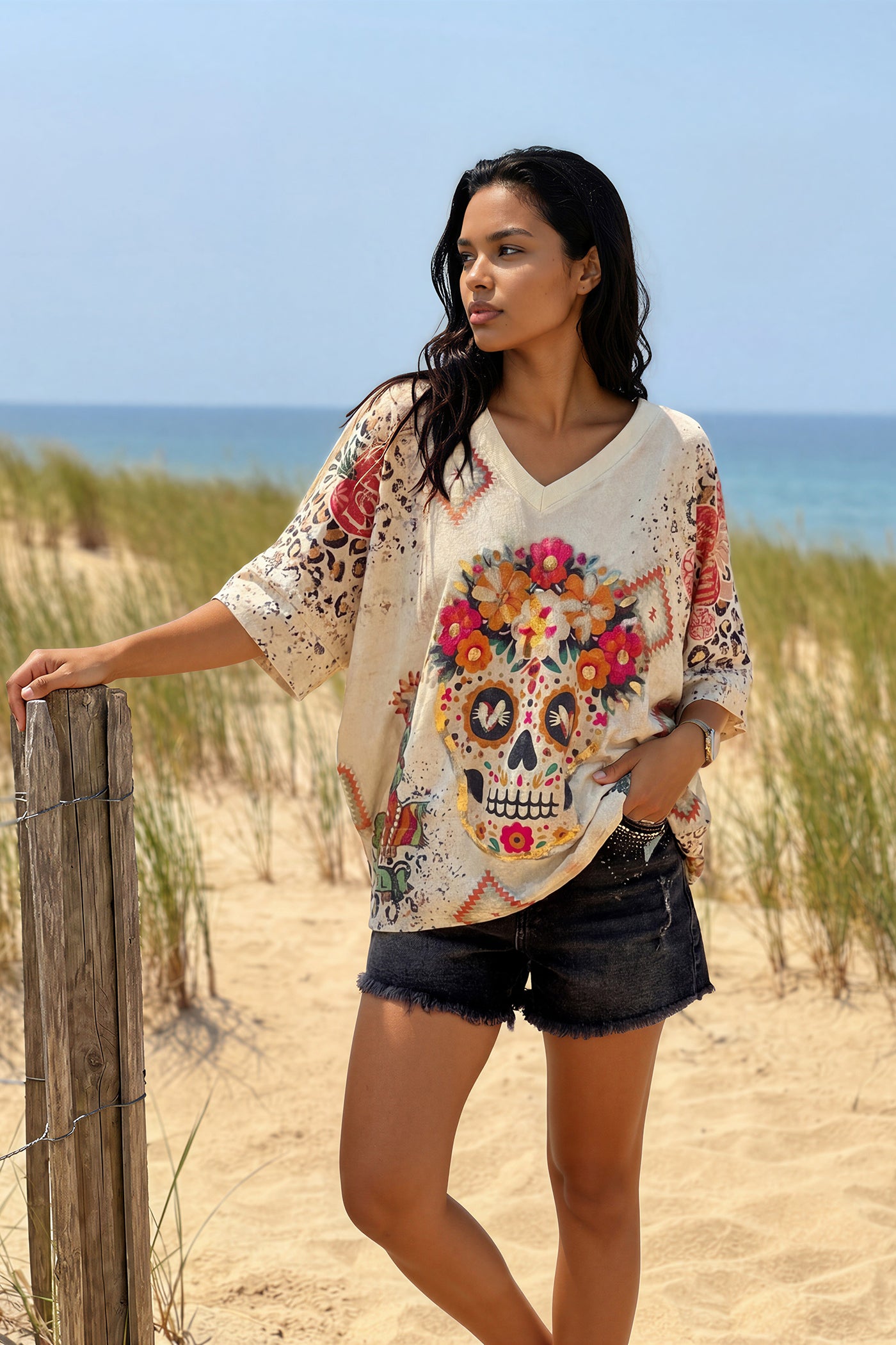 Cream Southwest Skull Glitter Knit Top