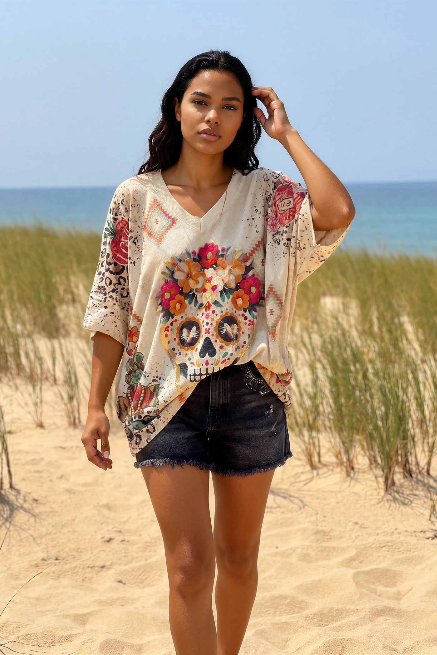 Cream Southwest Skull Glitter Knit Top