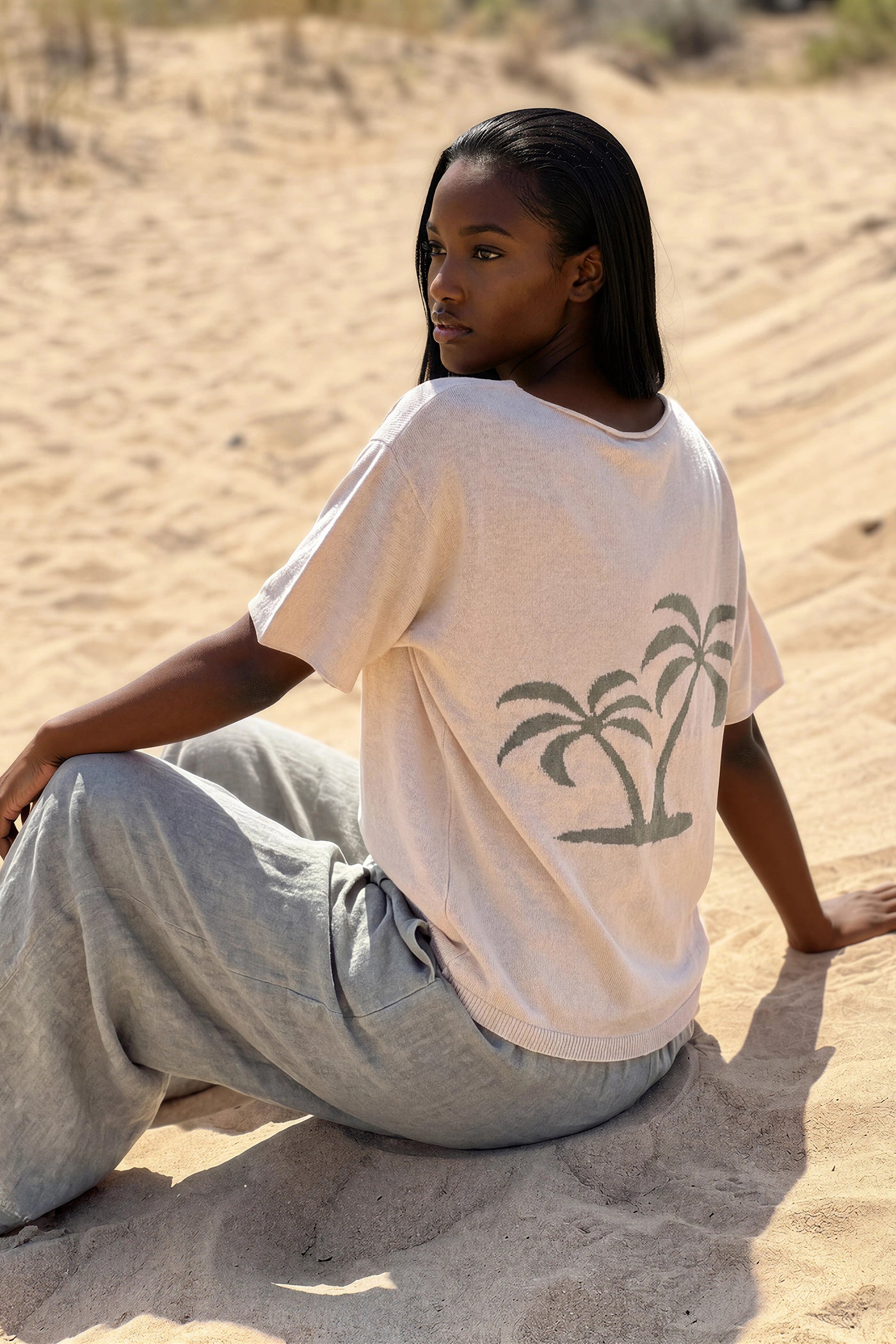 Cream V-Neck Palm Knit Blouse