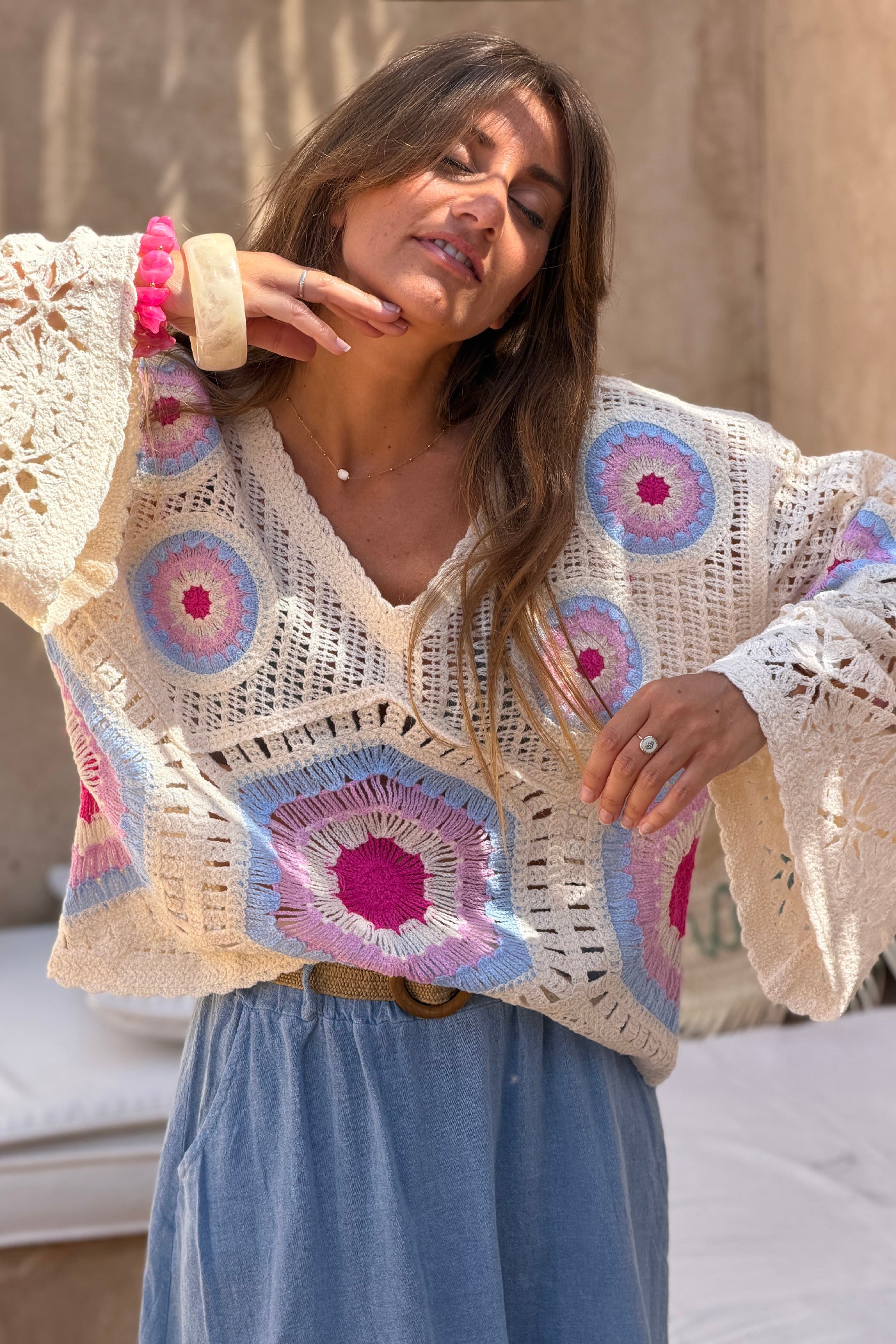 Cream and Fuchsia Cool Crochet Bell-Sleeve Blouse