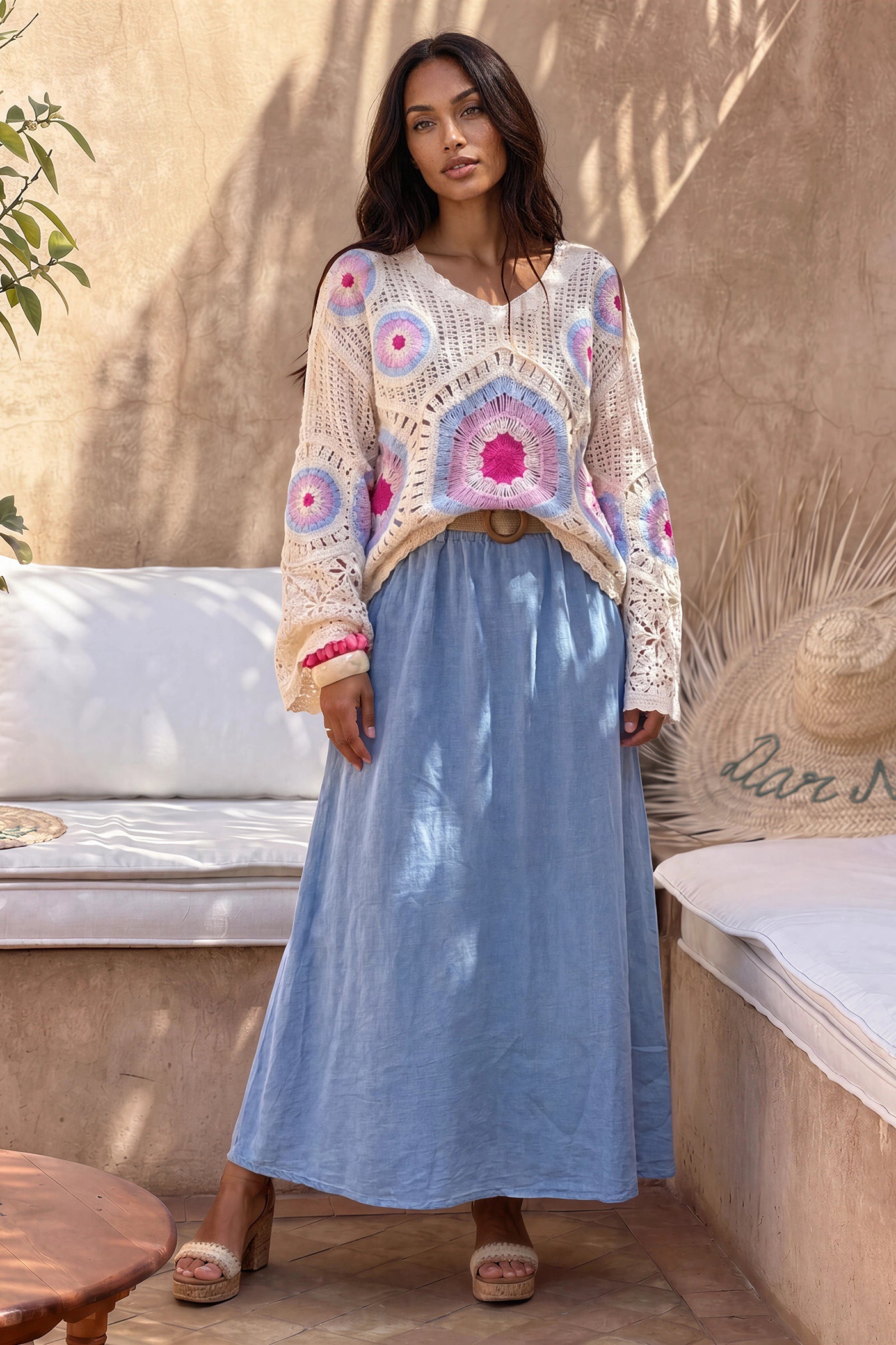 Cream and Fuchsia Cool Crochet Bell-Sleeve Blouse