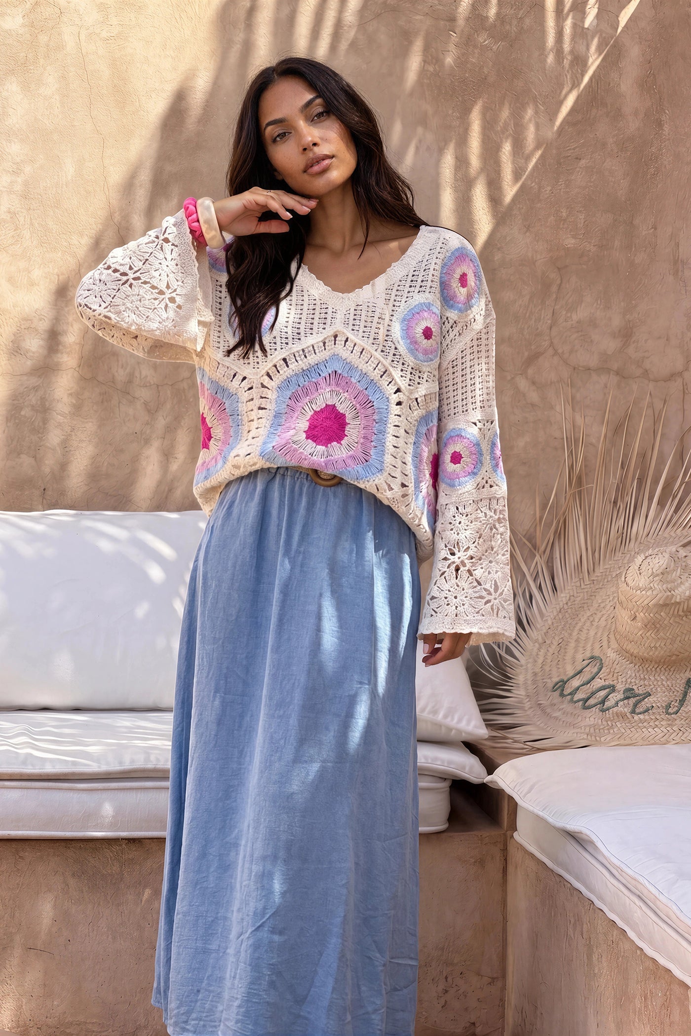 Cream and Fuchsia Cool Crochet Bell-Sleeve Blouse