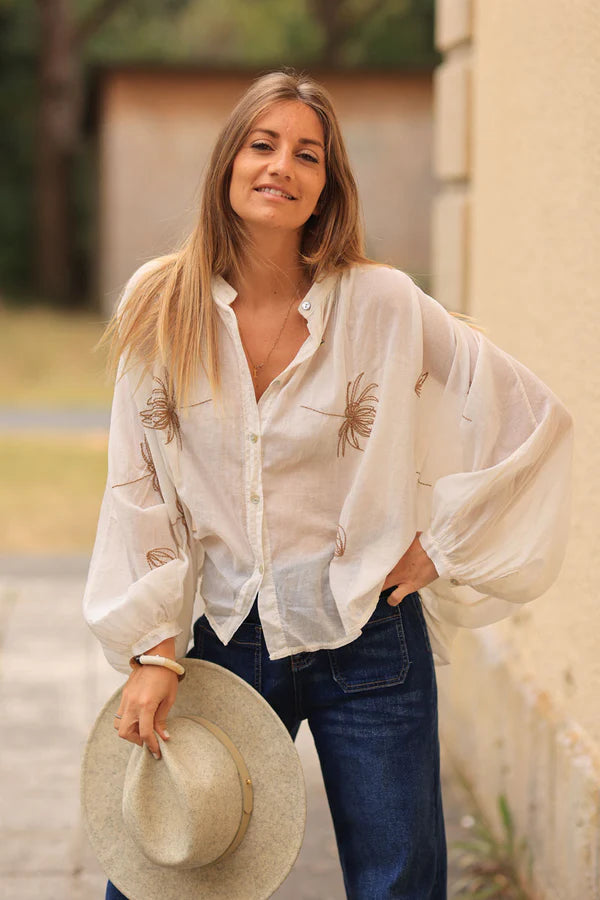 Cream oversized lightweight cotton blouse with palm tree embroidery