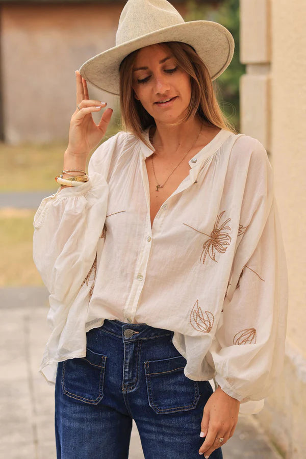 Cream oversized lightweight cotton blouse with palm tree embroidery