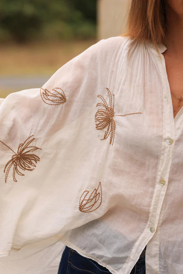 Cream oversized lightweight cotton blouse with palm tree embroidery