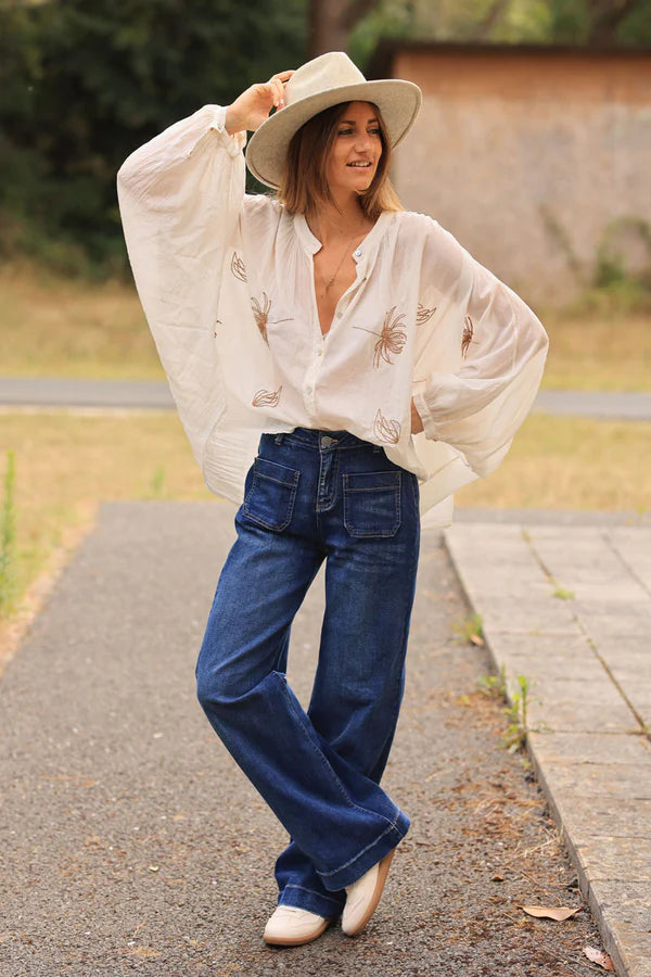 Cream oversized lightweight cotton blouse with palm tree embroidery