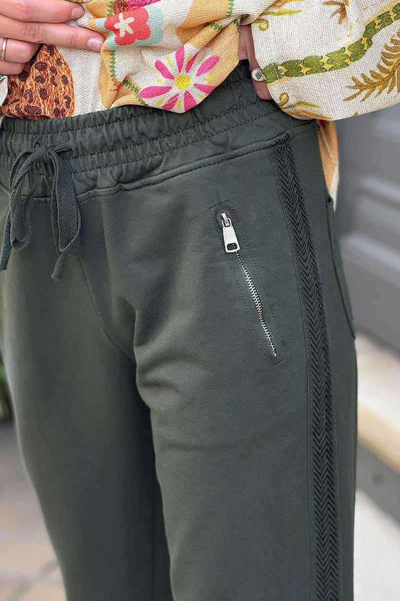 Dark Olive Zip-Pocket Chevron Trim Casual Cotton Joggers