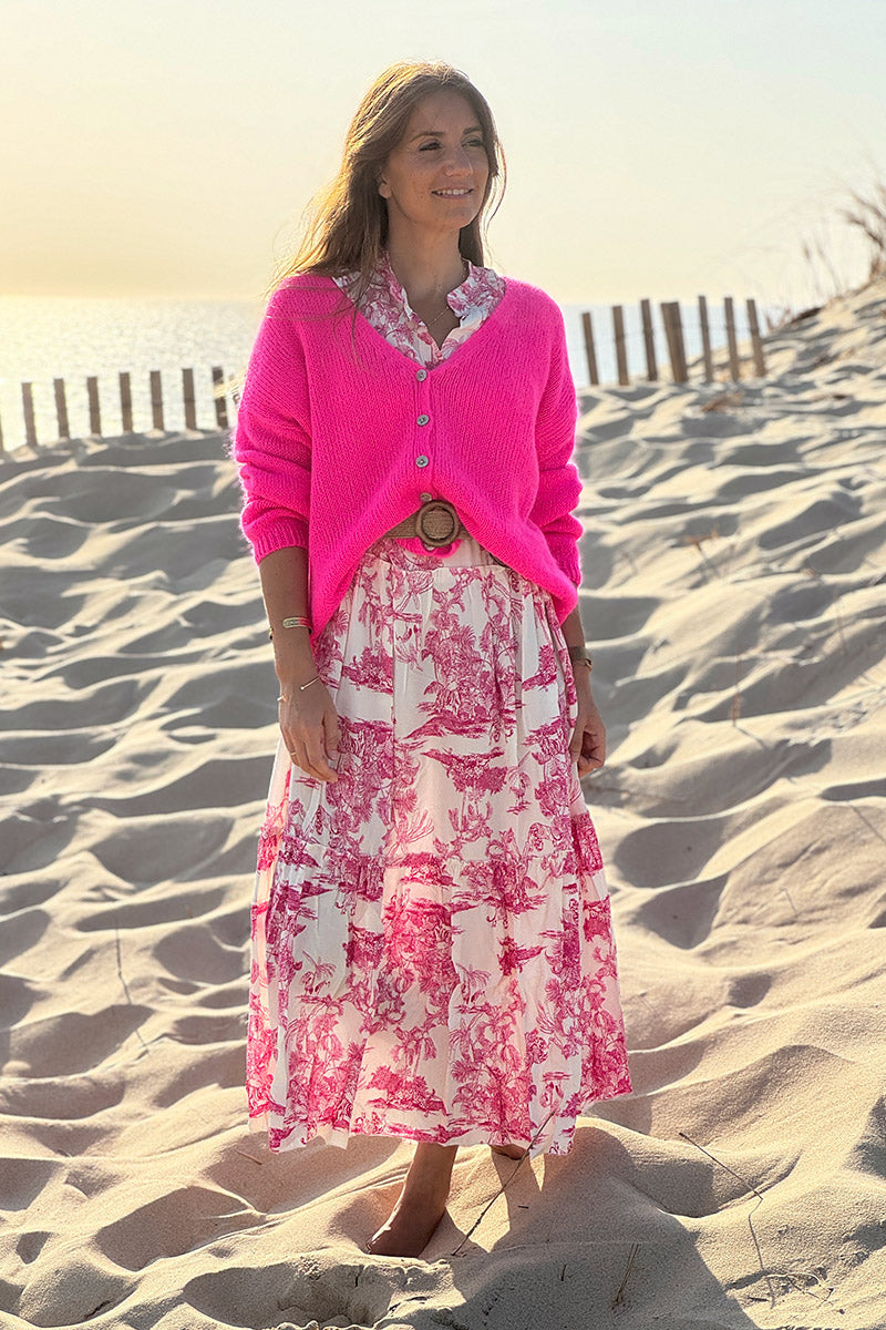 Fuchsia Pink Mother of Pearl Button V-Neck Cardigan - Horizons
