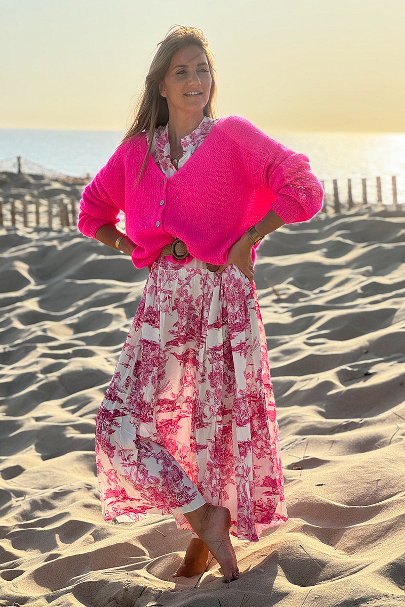 Fuchsia Pink Mother of Pearl Button V-Neck Cardigan - Horizons