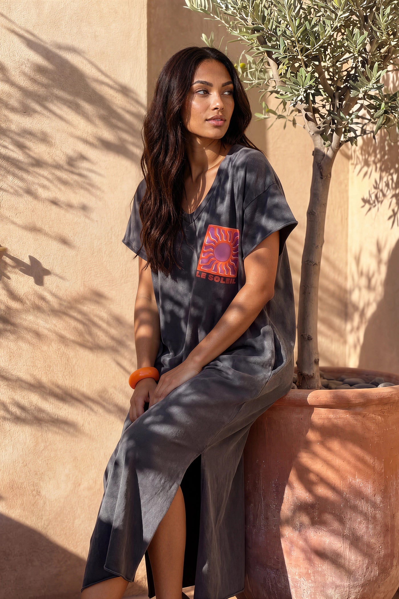 Gray Le Soleil V-Neck T-Shirt Dress