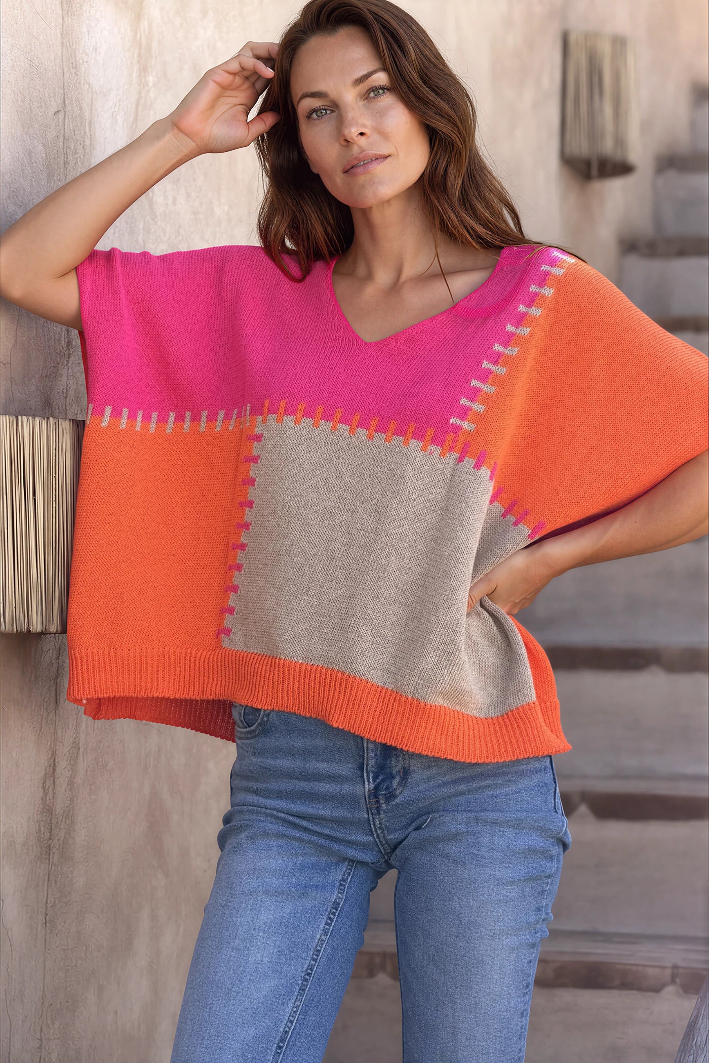 Hot Orange Glitter Knit Blanket Square Blouse