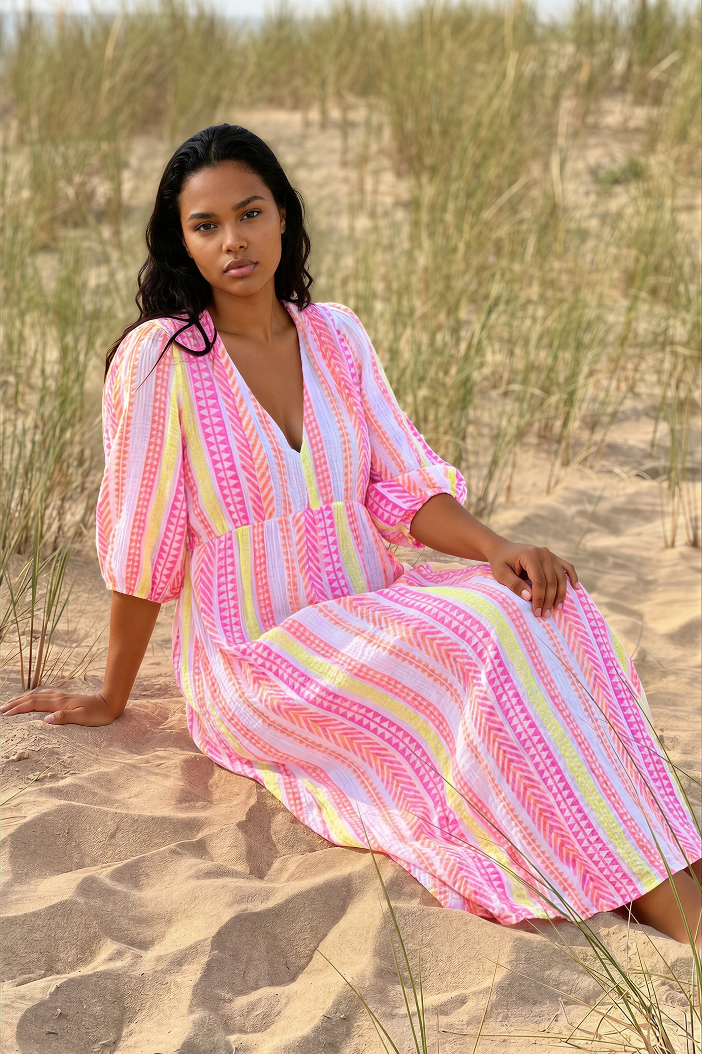 Hot Pink Gauze Neon Stripe Summer Dress