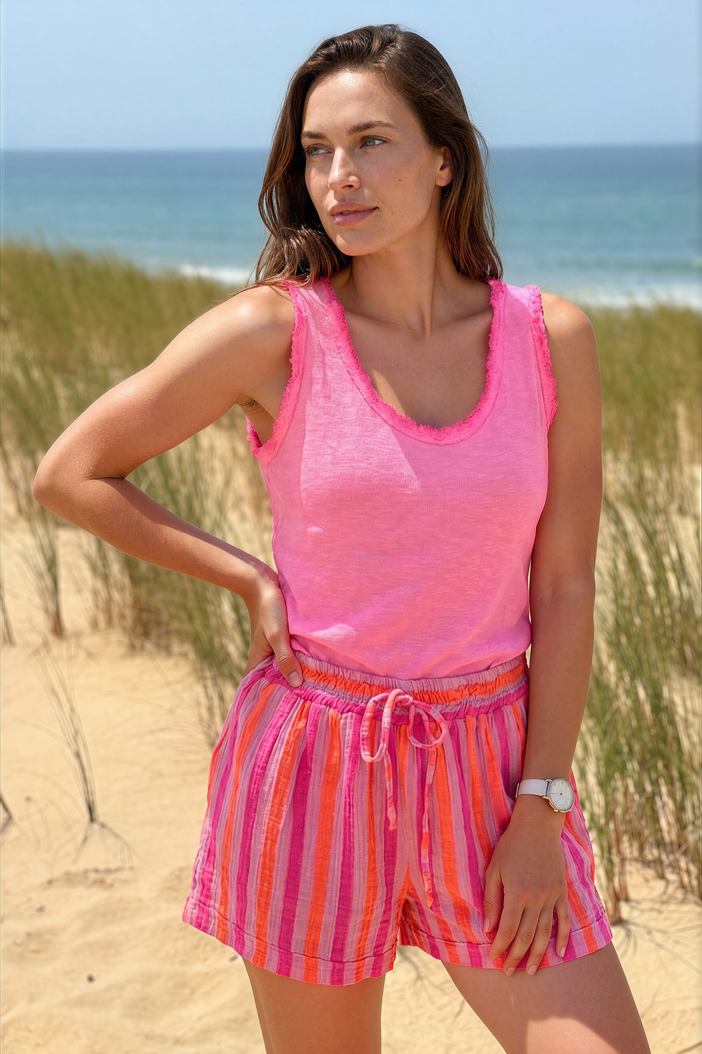 Hot pink cotton tank top with fringes