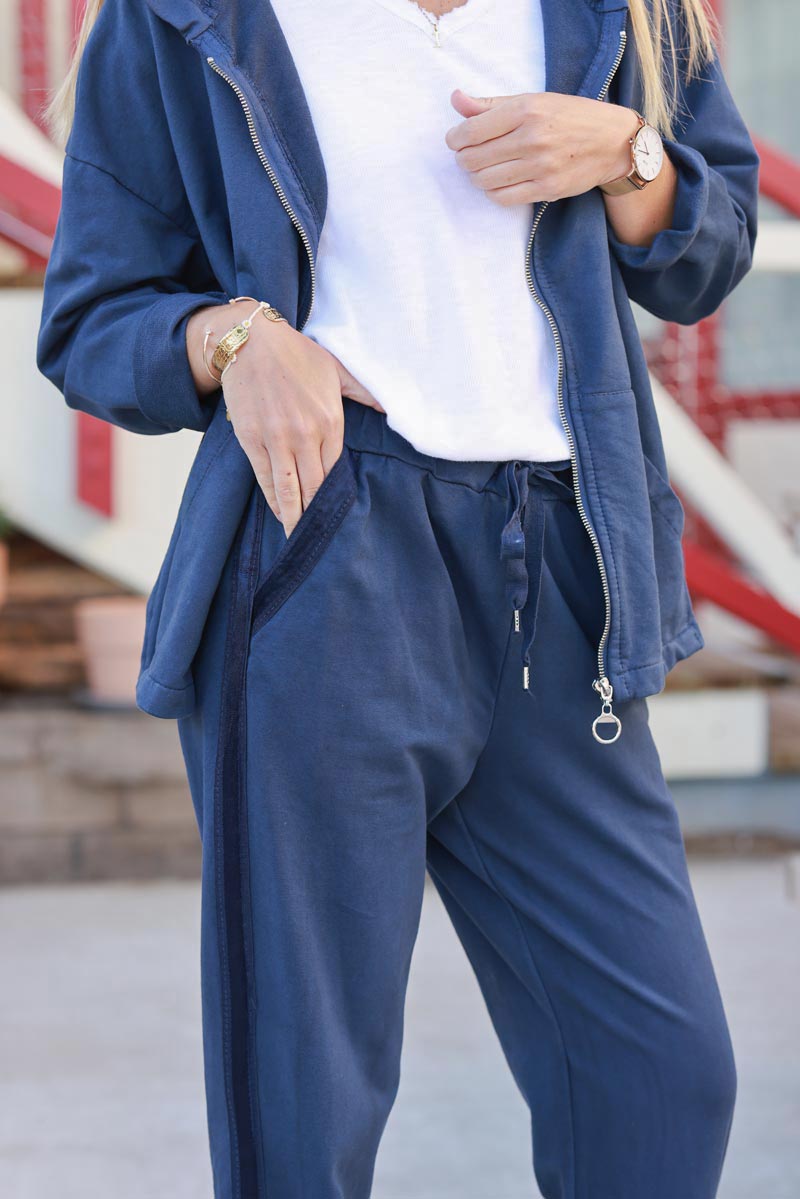 Navy Satin Stripe Stretch Jersey Knit Trousers