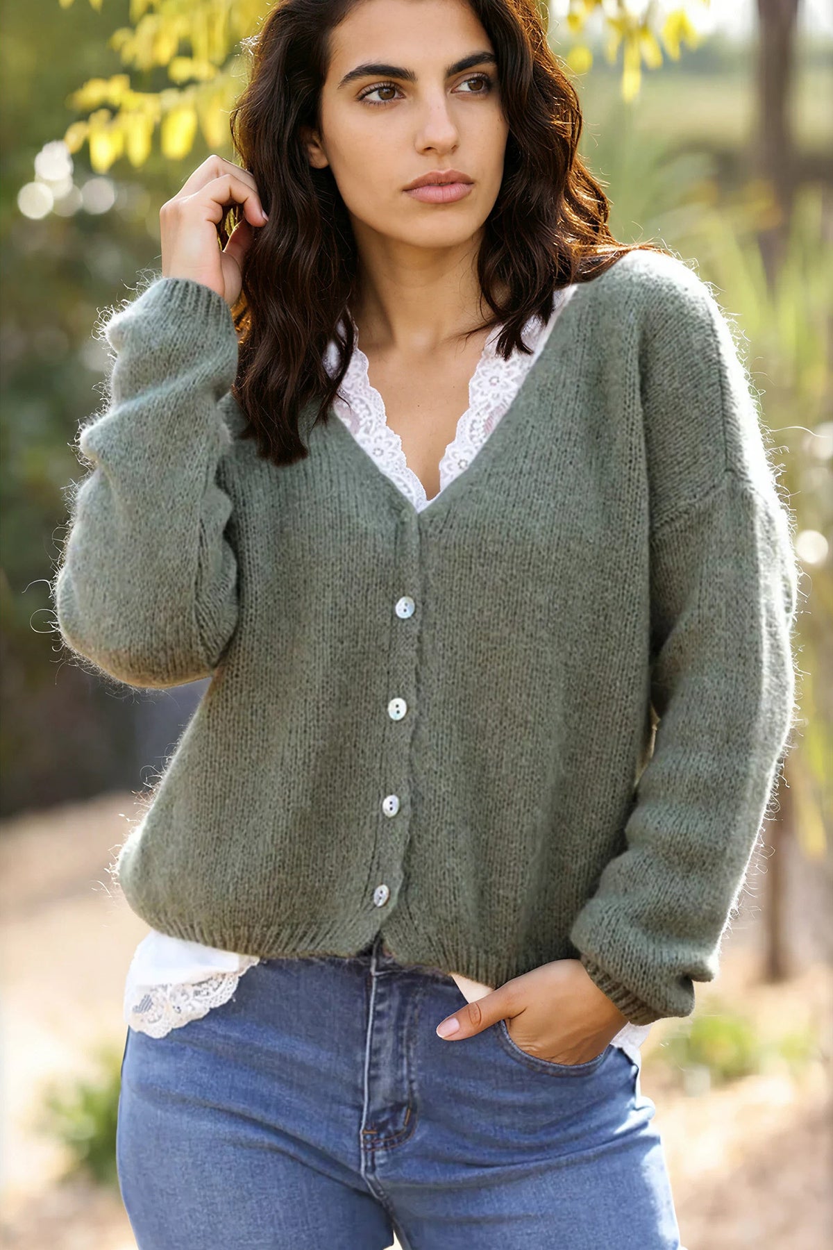 Khaki mother of pearl button through v-neck cardigan