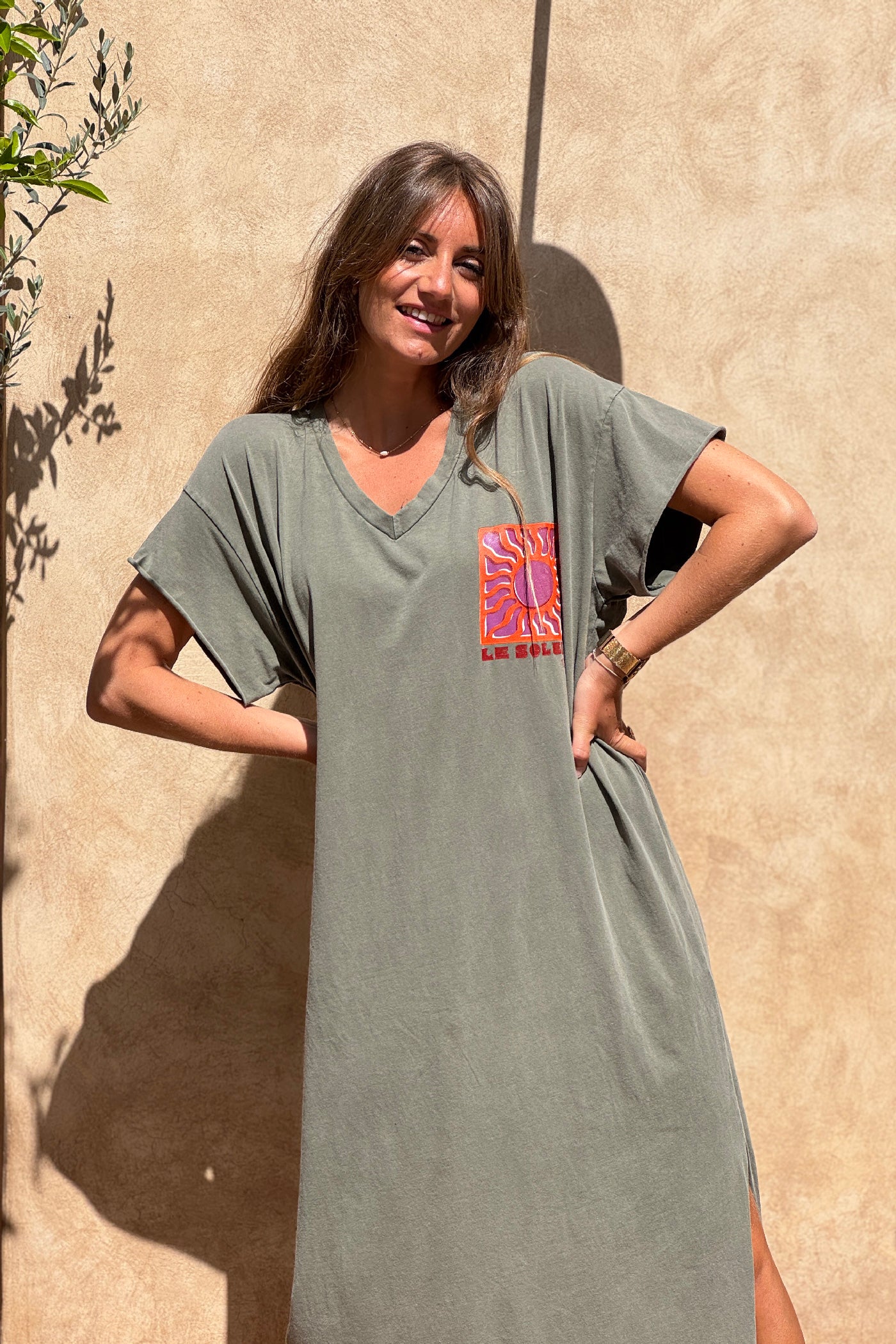 olive tee shirt dress Pocket T-shirt Dress- Olive