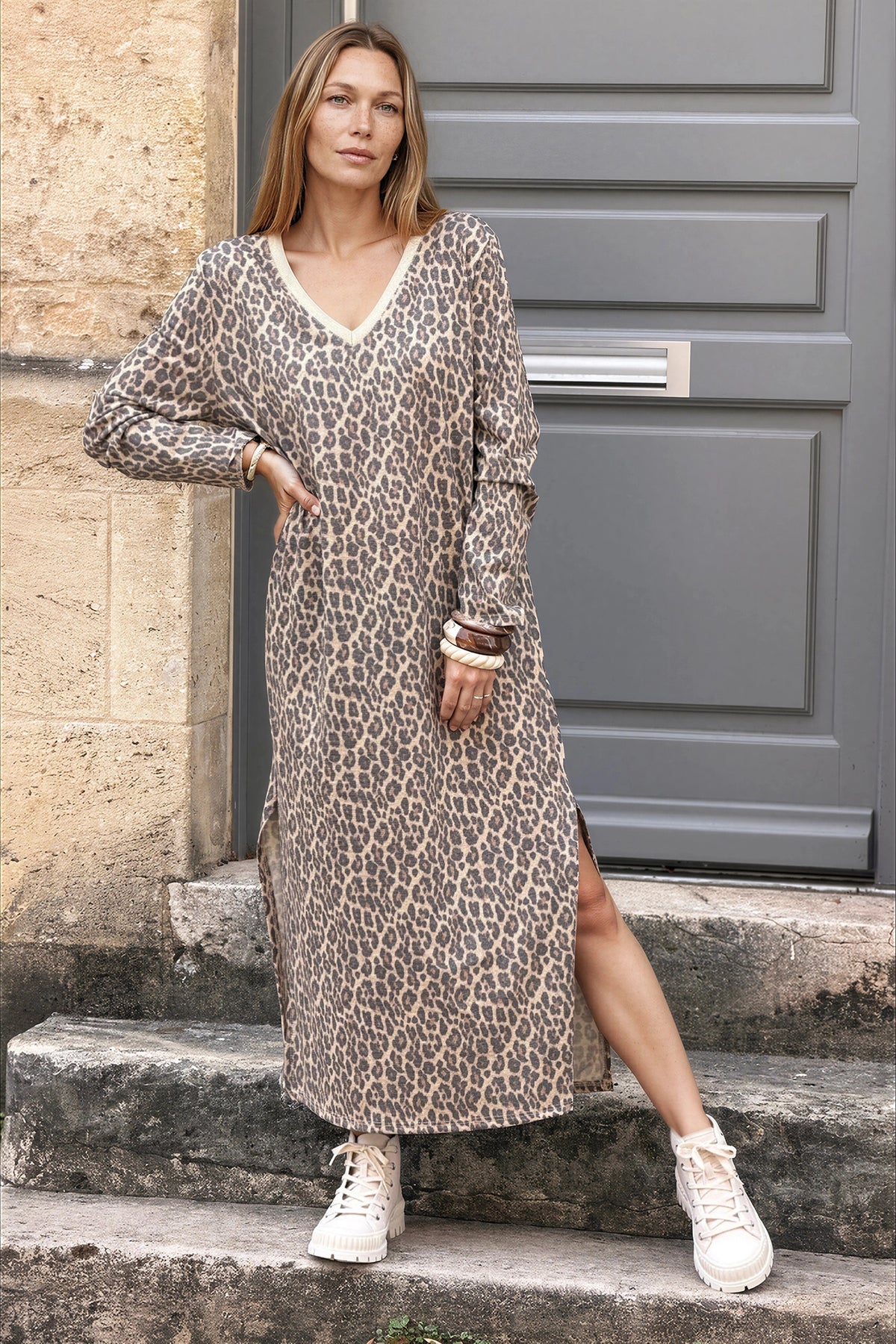 Leopard Print V-Neck Knit Maxi Dress