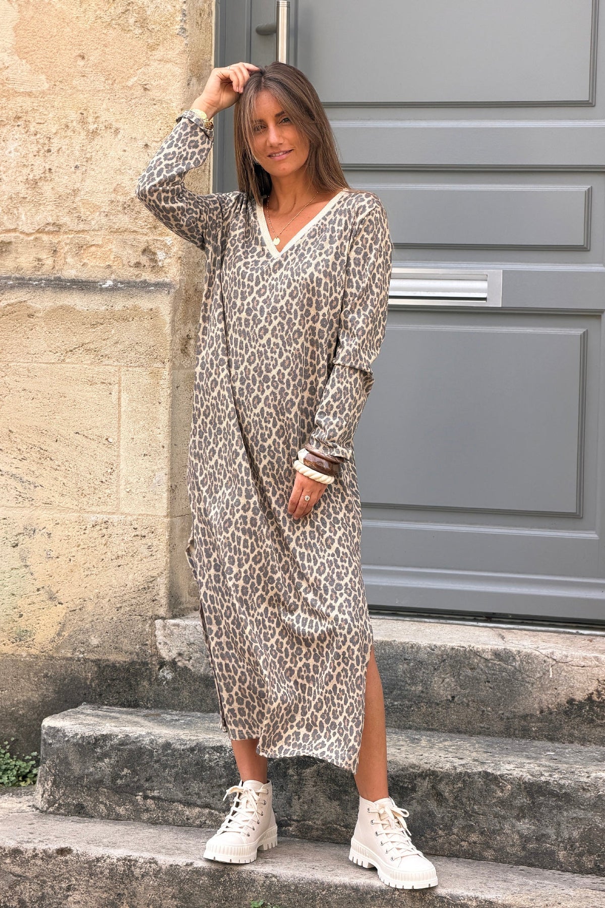 Leopard Print V-Neck Knit Maxi Dress