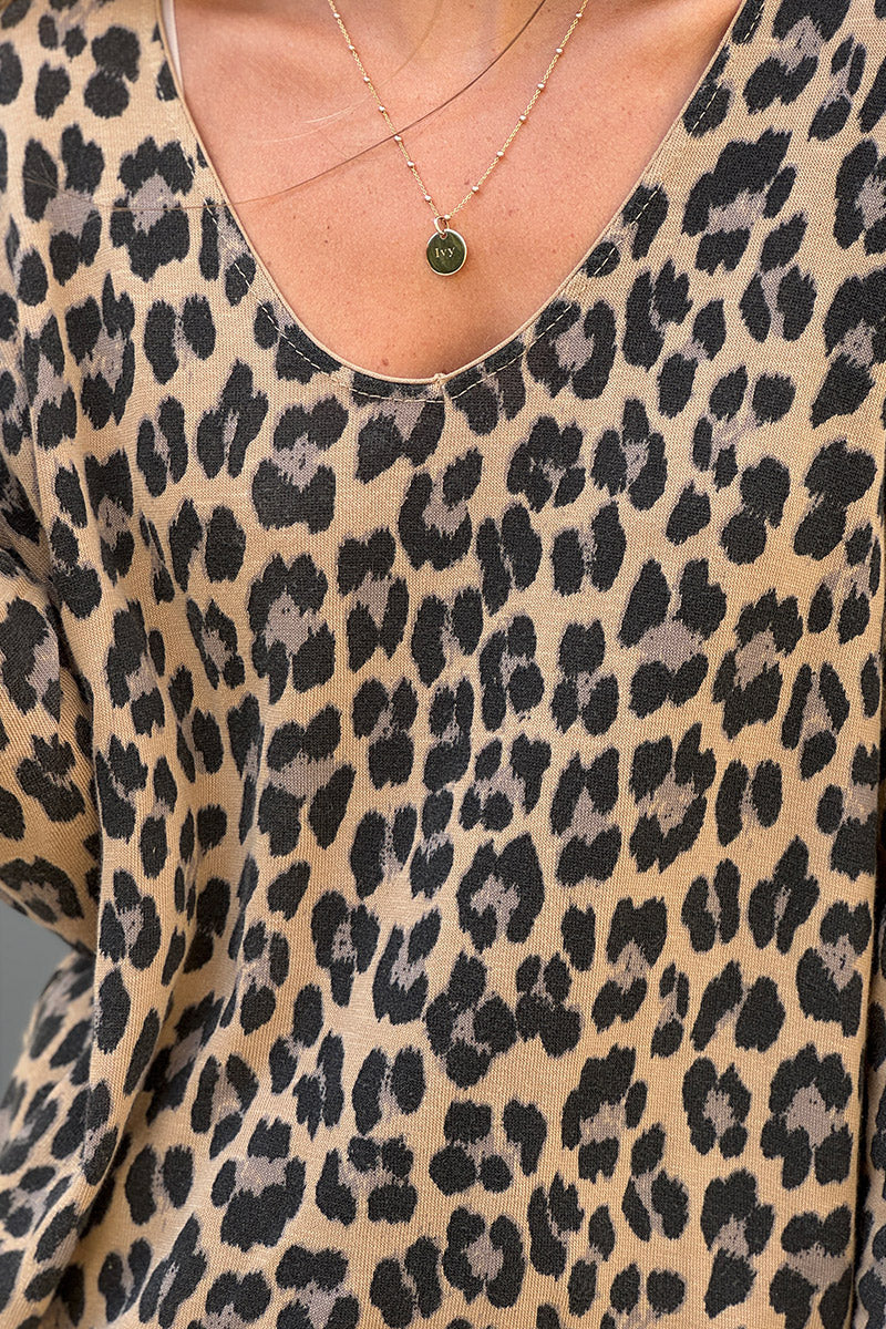 Leopard Print V-Neck Long-Sleeve Tee