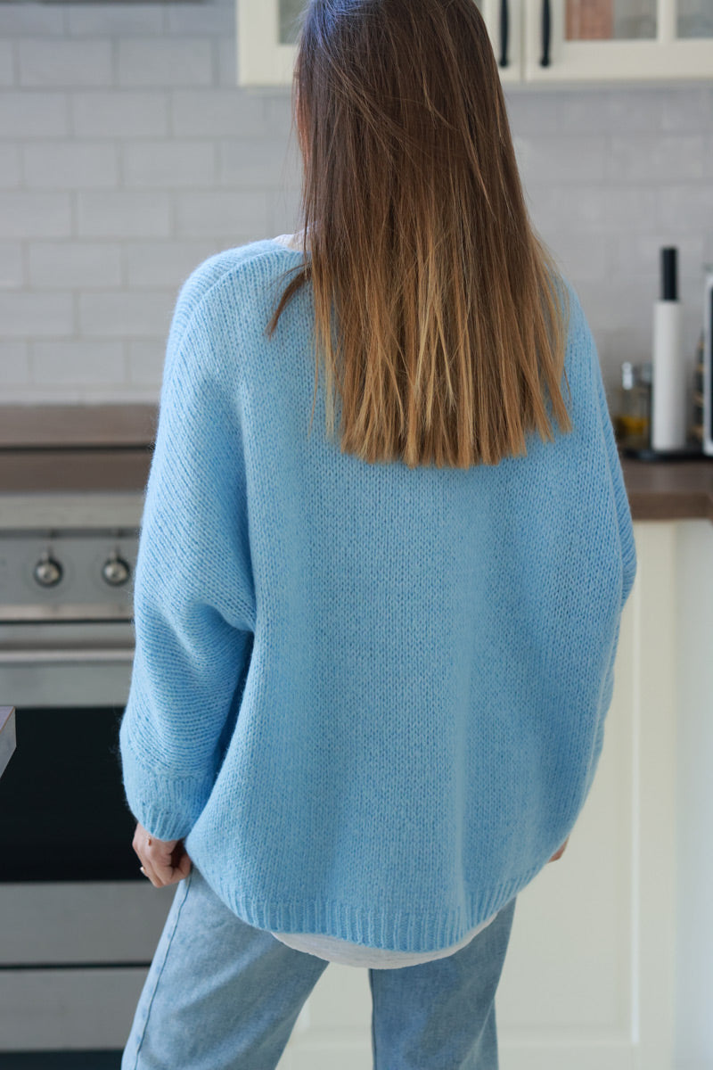 Light Blue Woollen V-neck Sweater with Batwing sleeves
